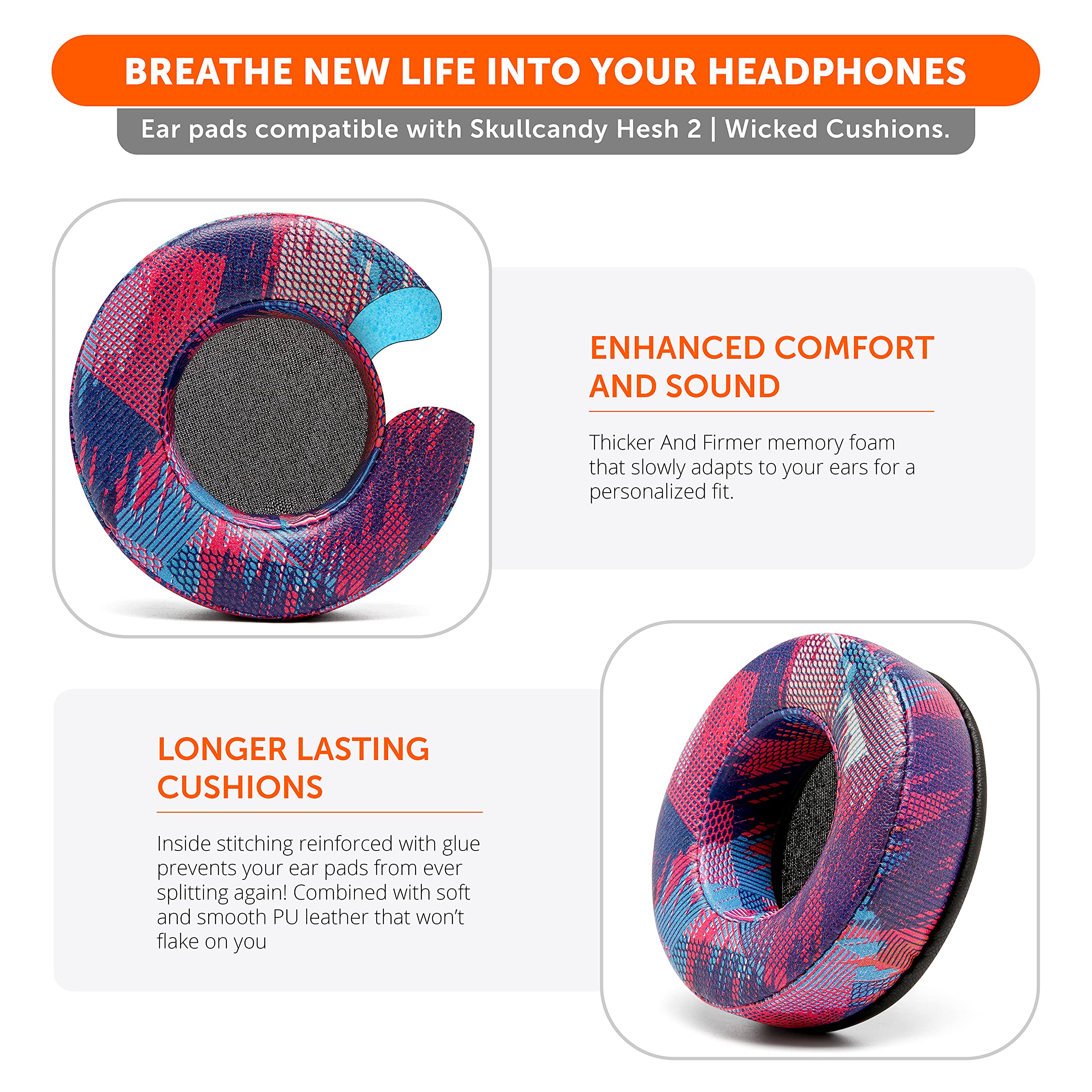 WC Wicked Cushions Extra Thick Premium Replacement Earpads for Skullcandy Hesh Wired & Hesh 2 Wireless Headphones - Comfort Upgrade for Gaming, Music & Long Wear - Speed Racer Design