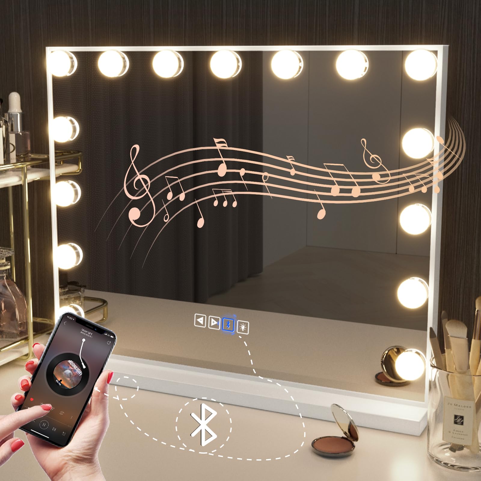 Premium Hollywood Vanity Mirror with Bluetooth, USB Charging & Touch Control - 15