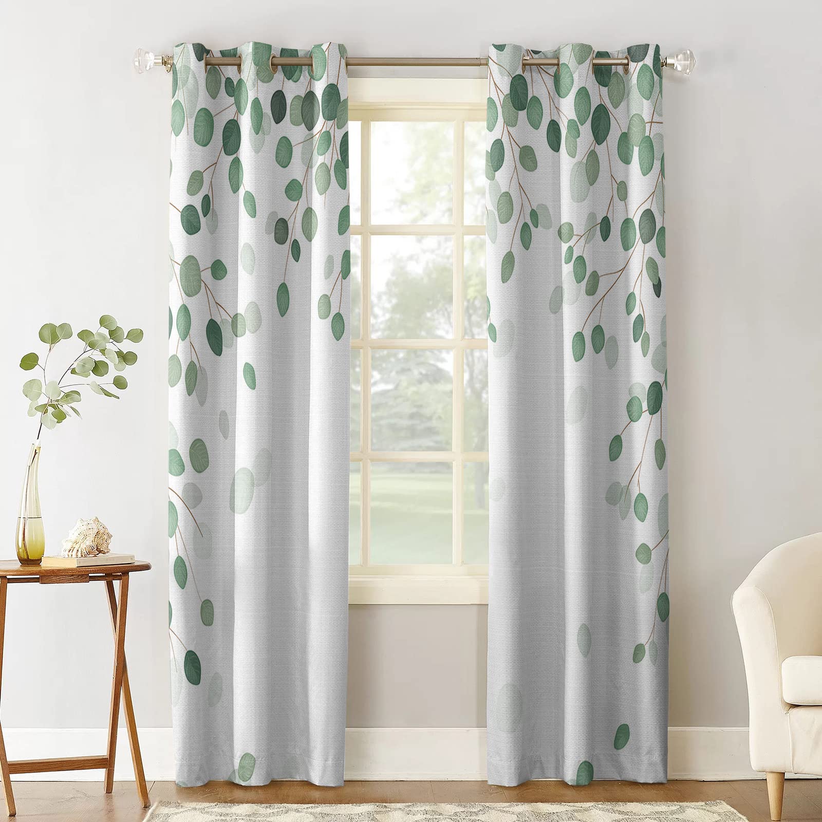 3D Printed Eucalyptus Leaves Green Blackout Curtains - Thermal Insulated Window Drapes with Eyelet Grommets (2 Panels, 56