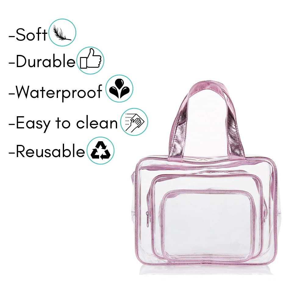 HUNYLONDON Pink Metallic 3-Piece Waterproof Transparent PVC Travel Cosmetic Bag Set - Perfect for Makeup, Toiletries & Wash Essentials on Vacation, Gym, or Daily Organizing