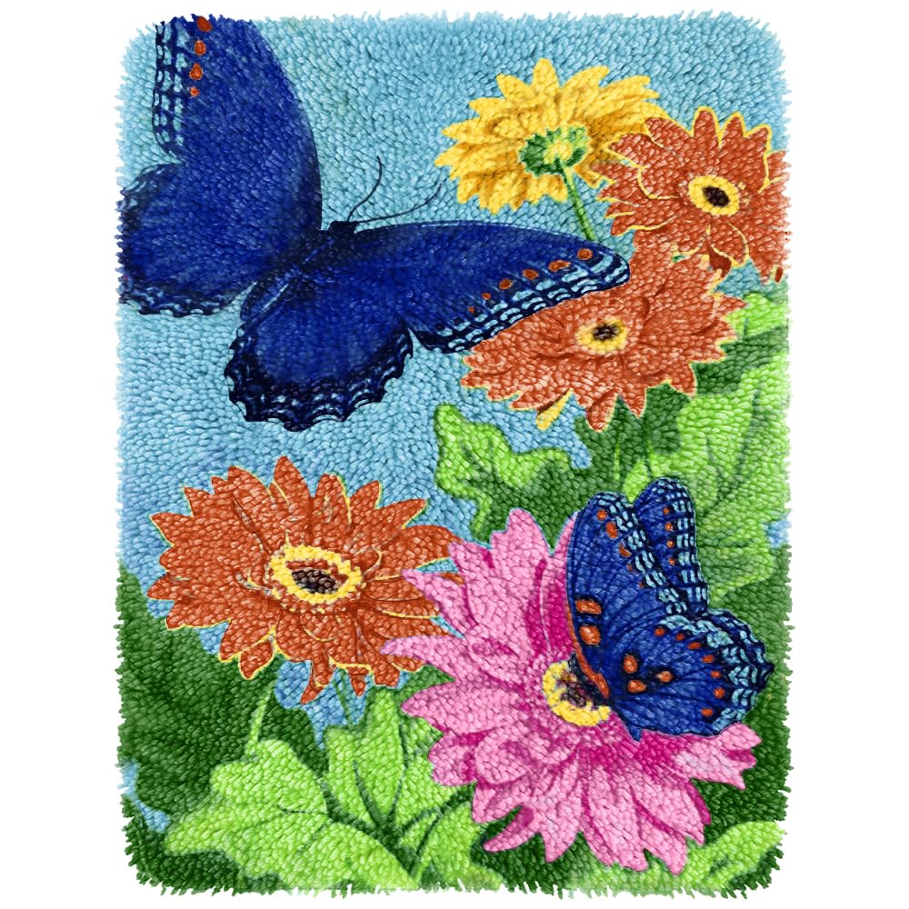 DIY Butterfly Floral Latch Hook Kit for Adults - Preprinted Crochet Yarn Rug Craft Kit with Color Pattern (20
