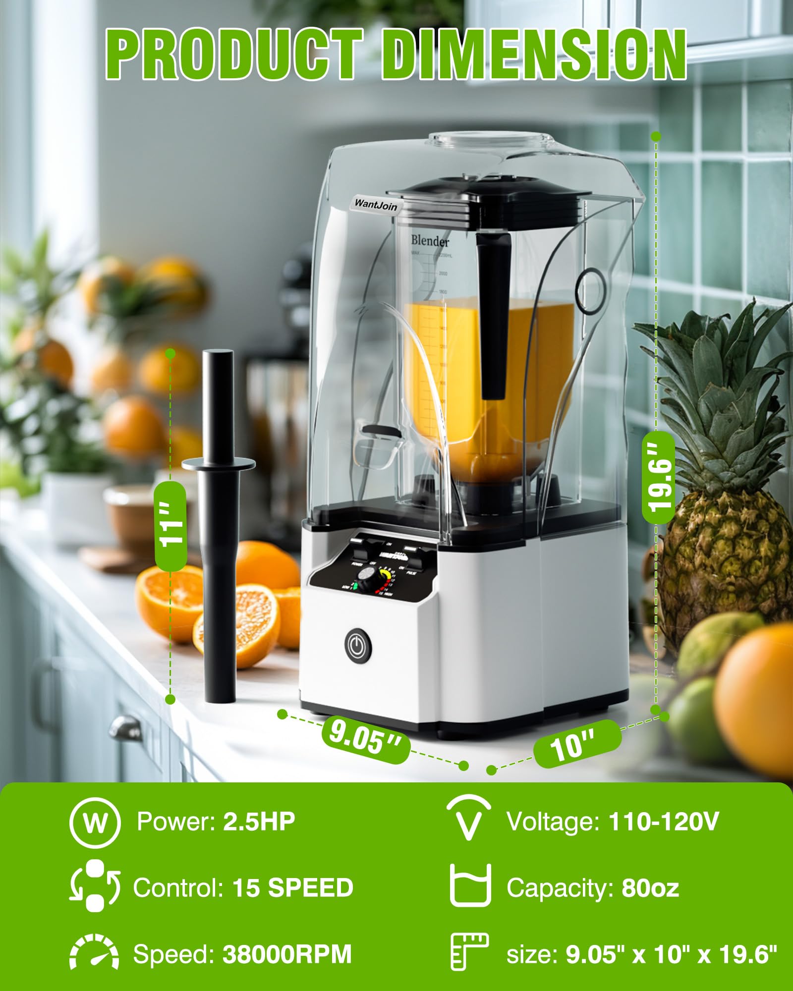WantJoin Quiet Blender - 2.5 HP Copper Motor, 80oz Soundproof Blender for Smoothies, Juices, Soups & Sauces | 15-Speed Settings, Stainless Steel 6-Blade | Perfect for Home Kitchens, Healthy Smoothie Making & Meal Prep