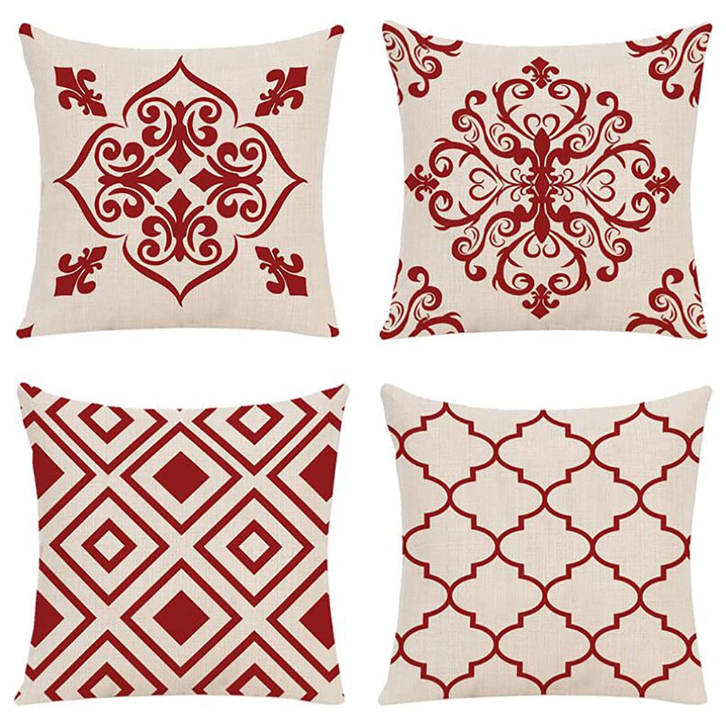 4 Pack Retro Geometric & Floral Throw Pillow Covers 18x18 Inch - Bohemian Style Decorative Cushion Cases for Sofa, Bed, Couch, Car - Indoor & Outdoor Use - Perfect for Living Room, Bedroom, Patio Decor (Red)