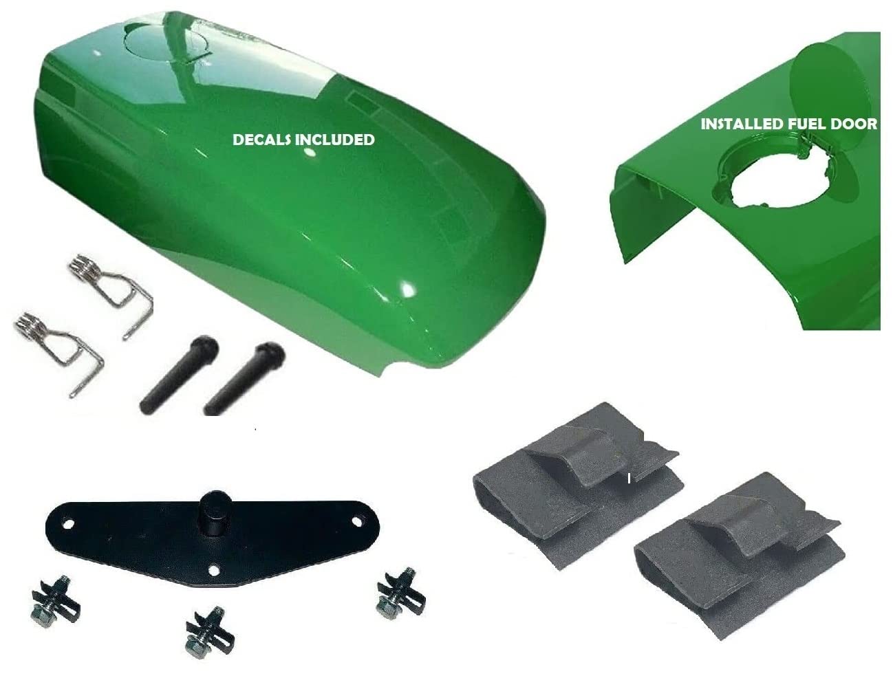 Kumar Bros USA Upper Hood & Pre-Installed Fuel Door with Mounting Hardware, Clips, Catch & LH/RH Decal Set - Compatible with John Deere 4510 Tractor | Perfect for Farm Equipment Repair & Maintenance