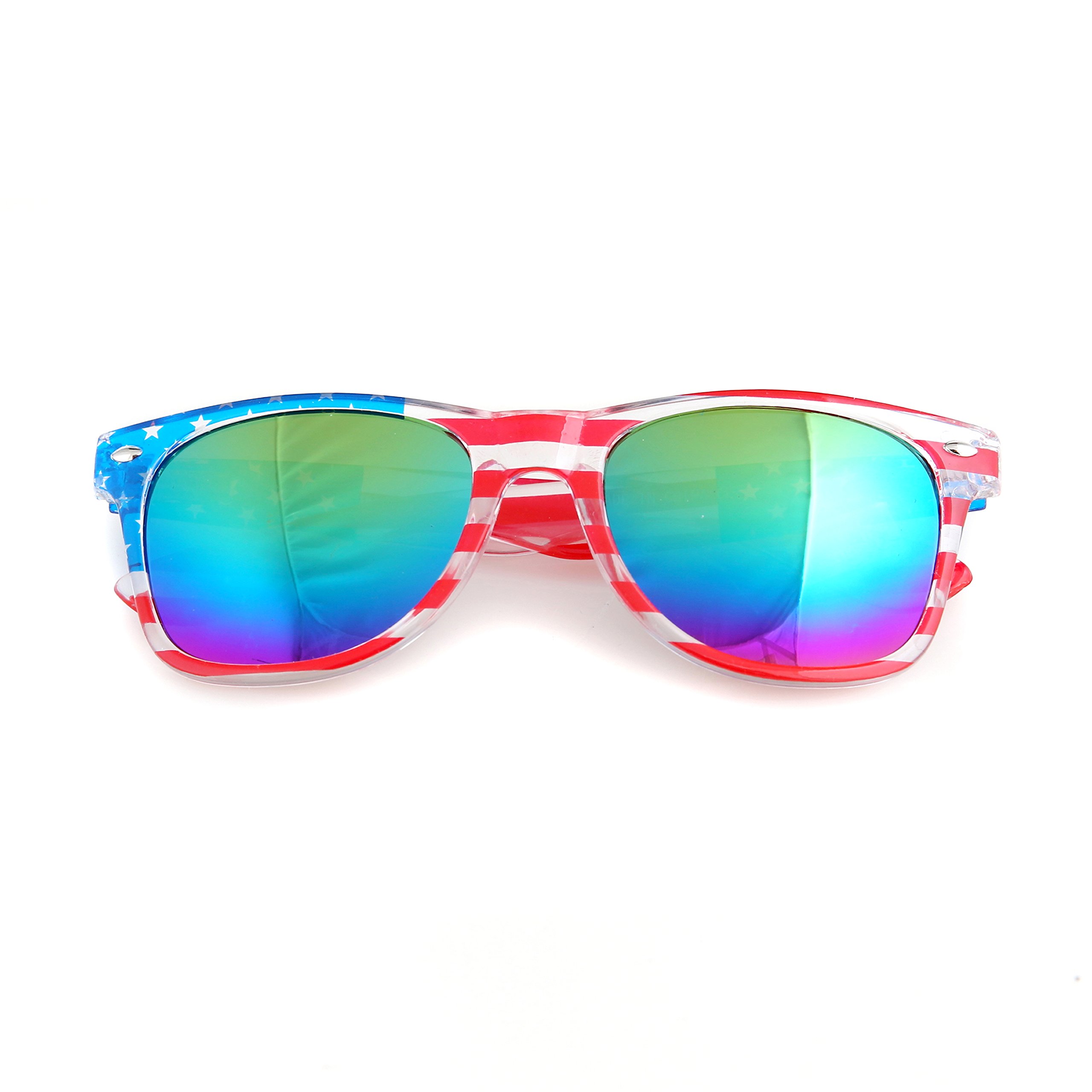 USA Flag Sunglasses - Patriotic American Flag Design with Clear Frame - 80s Retro Style for 4th of July, Beach Parties & Summer Festivals