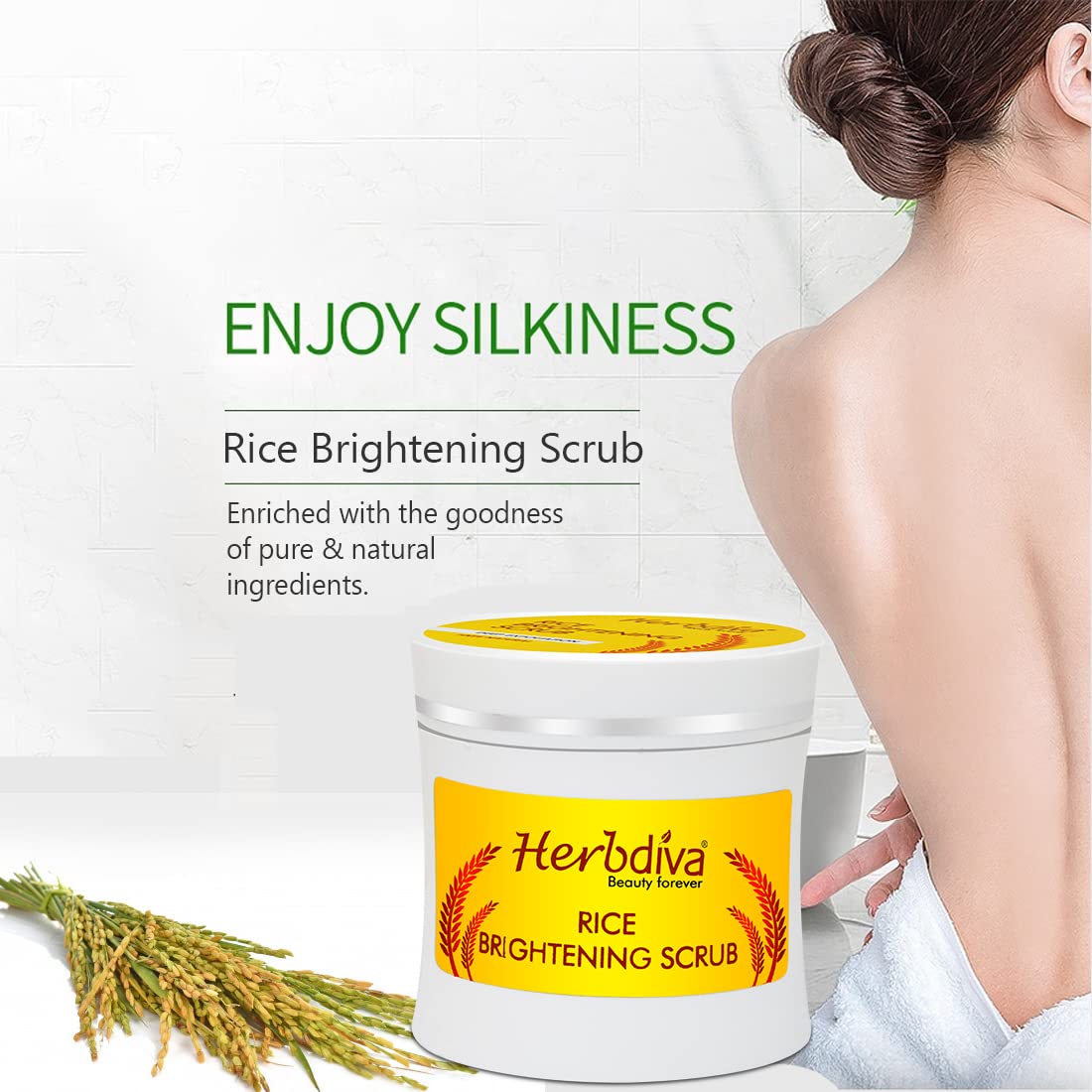 Herbdiva Rice Brightening Scrub 250ml - Enriched with Almond Oil & Shea Butter for Deep Exfoliation & Glowing Skin | Pure Natural Face Scrub for Dark Spots & Dullness | Perfect for Daily Skincare Routine & Spa Treatments