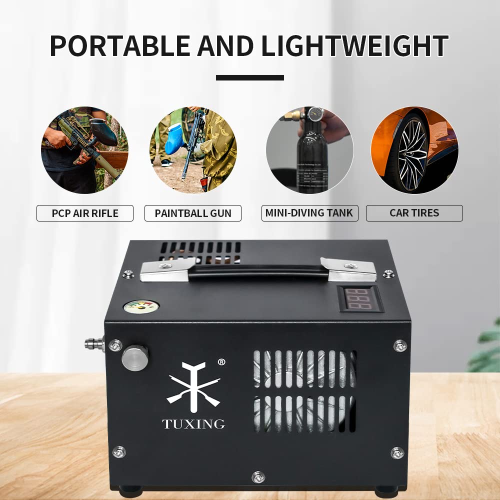TUXING 4500PSI/300Bar High Pressure PCP Air Compressor - Portable HPA Pump with Fan Cooling for PCP Airguns, Pistols, Scuba Tanks & SUV Tires - 110V AC Power - Perfect for Shooting Ranges, Diving & Off-Road Adventures