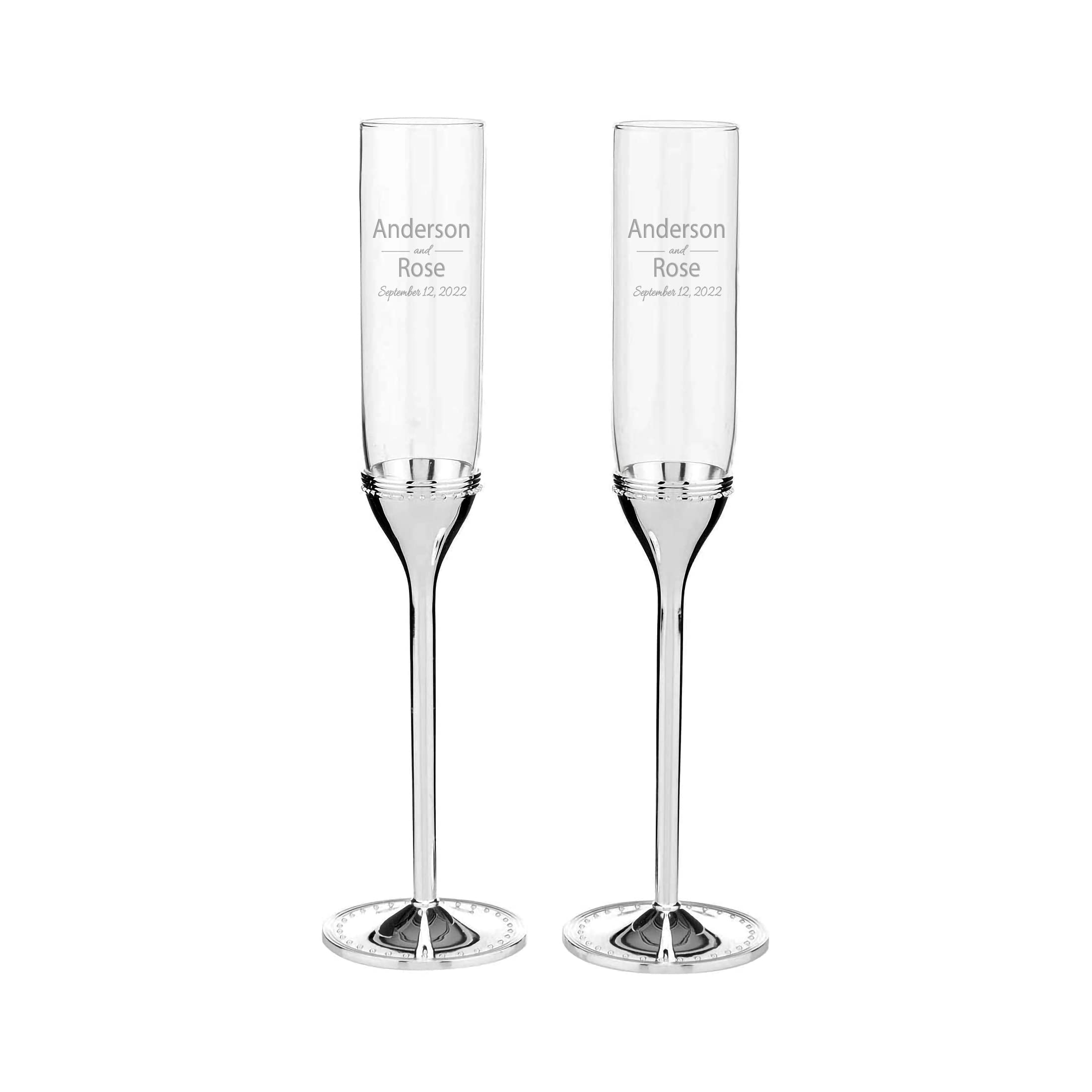 Vera Wang Personalized Wedding Champagne Flutes Set of 2 - Custom Engraved Silver Grosgrain Toasting Glasses for Bride and Groom - Perfect for Wedding Receptions, Bridal Showers & Anniversary Gifts