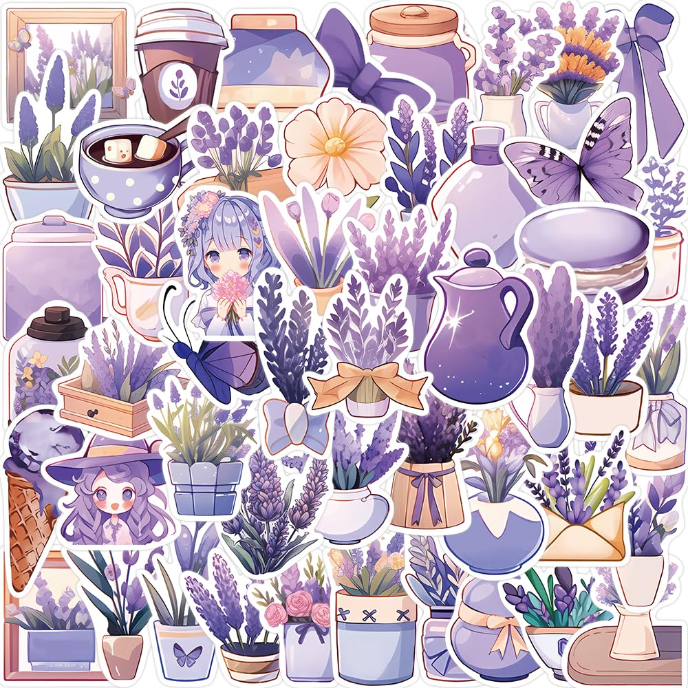 50Pcs Lavender Flower Stickers - Waterproof Vinyl Decals for Water Bottles, Laptop, Luggage, Cup, Phone & Skateboard - Perfect for DIY Crafts, Scrapbooking & Personalizing Accessories