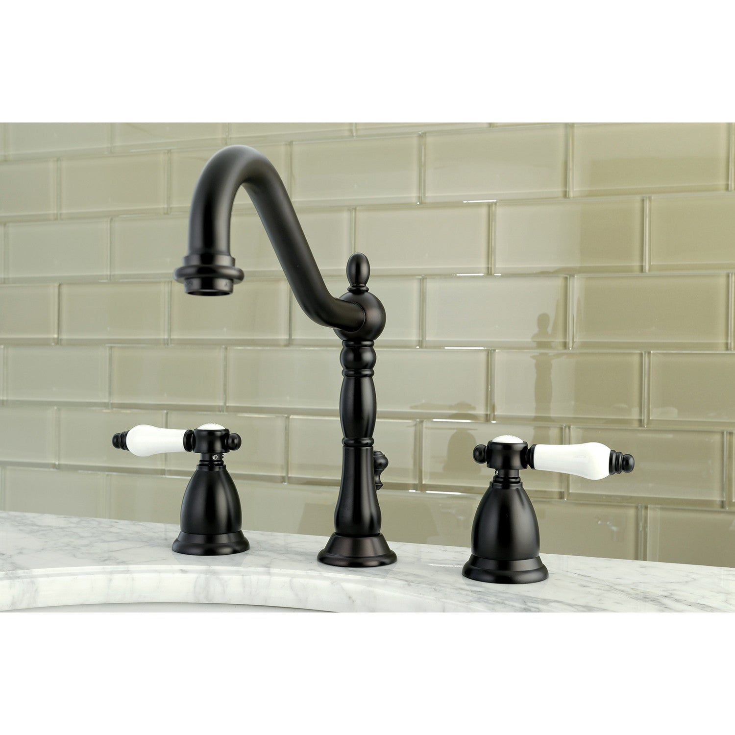 Bel Air KS1995BPL Oil Rubbed Bronze Widespread Bathroom Faucet - 2 Handle 3 Hole Deck Mount with Brass Pop Up Drain - Perfect for Modern Bathroom Vanities and Powder Rooms