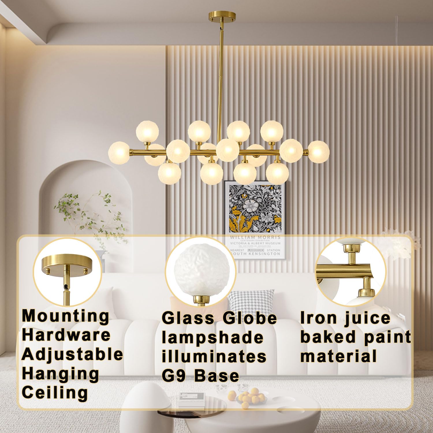 Modern Gold Bubble Linear Chandelier - 16 Light Hanging Pendant Fixture for Dining Room, Kitchen Island & Table Lighting | Copper & White Glass Design | Perfect for Contemporary Home Decor & Restaurant Ambiance