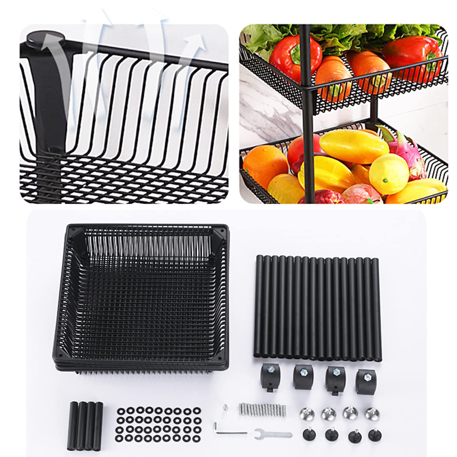 Metal Rolling Storage Cart with Lockable Wheels - Freestanding Kitchen Organizer for Fruits, Vegetables & More - Multifunctional Black Storage Shelf for Home, Office & Pantry Use