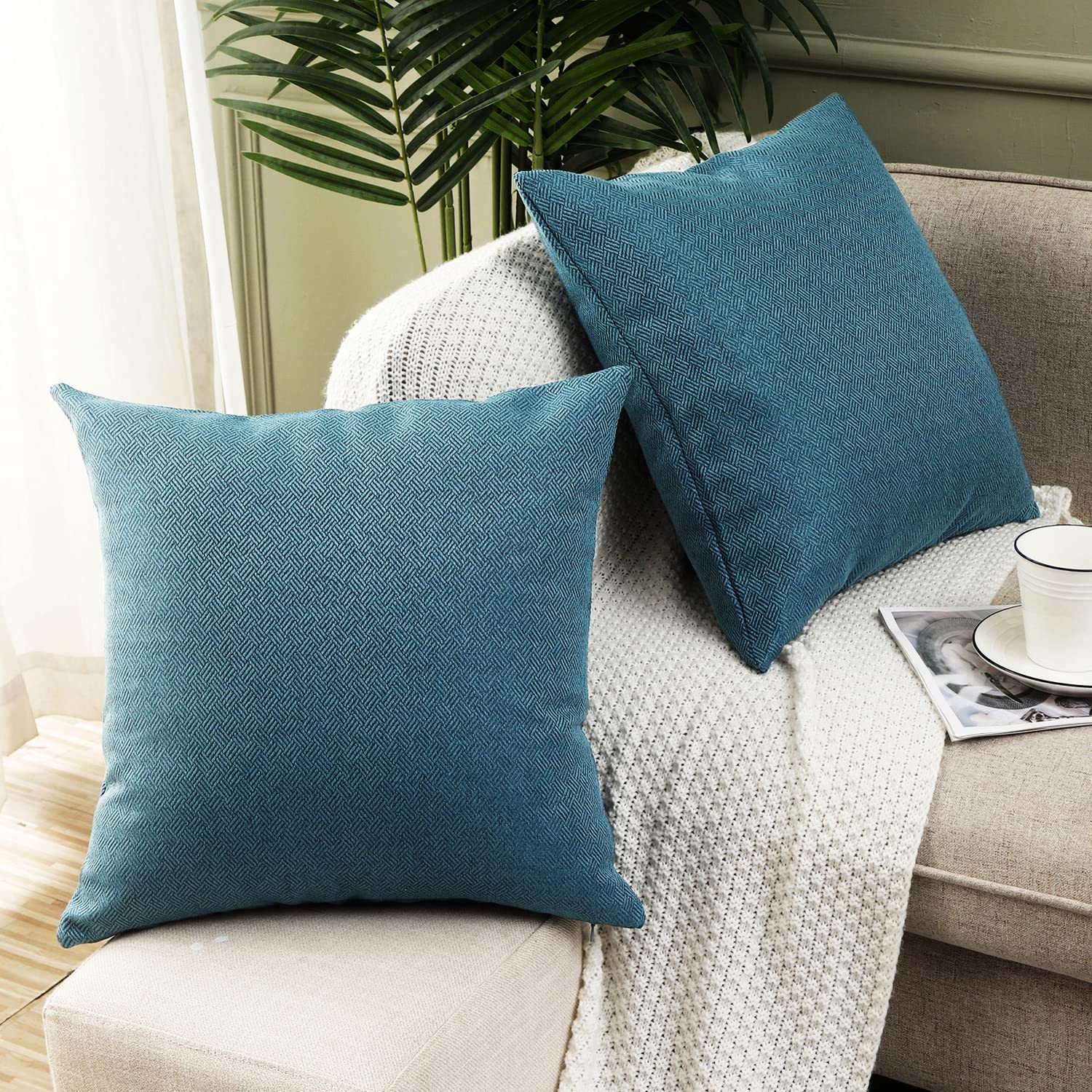 Jepeak 20x20 Inch Woven Textured Throw Pillow Covers (Pack of 2) - Rustic Linen Square Cushion Covers for Farmhouse, Spring & Home Decor - Denim Blue - Perfect for Sofa, Couch, Bed & Living Room Accents