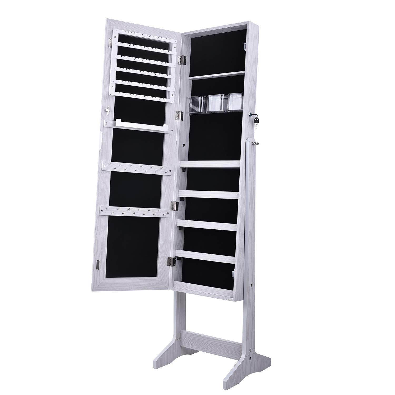 Soges Furniture Lockable Floor Standing Wooden Jewelry Cabinet with Mirror - Armoire Wardrobe Storage Organizer for Bedroom & Closet (White) - Perfect for Jewelry, Watch, and Accessory Organization