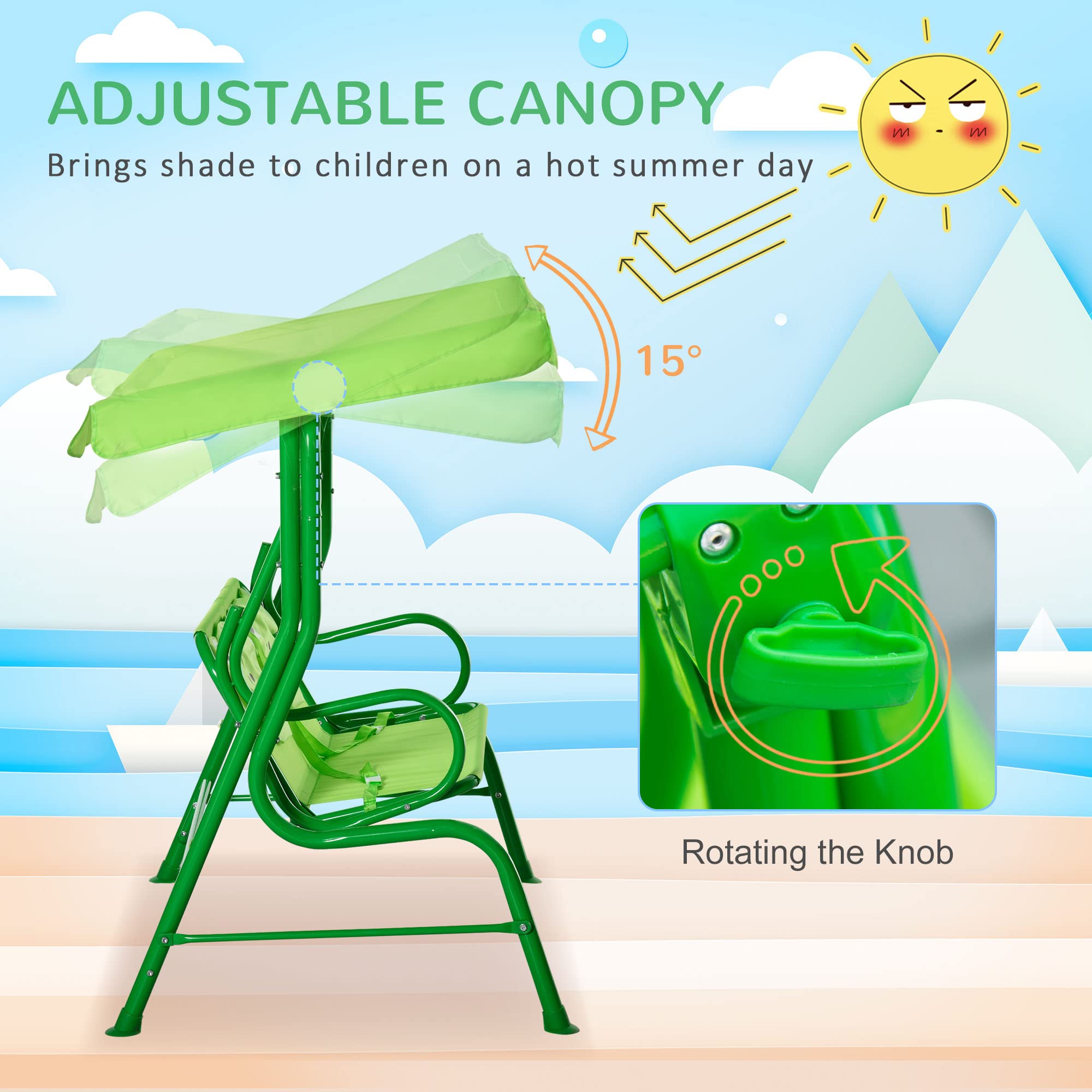 Outsunny Kids Porch Swing with Adjustable Sun Canopy & Safety Seatbelts - Green Frog-Themed Outdoor Swing Chair for Ages 3-6 | Perfect for Backyard, Garden, and Patio Playtime