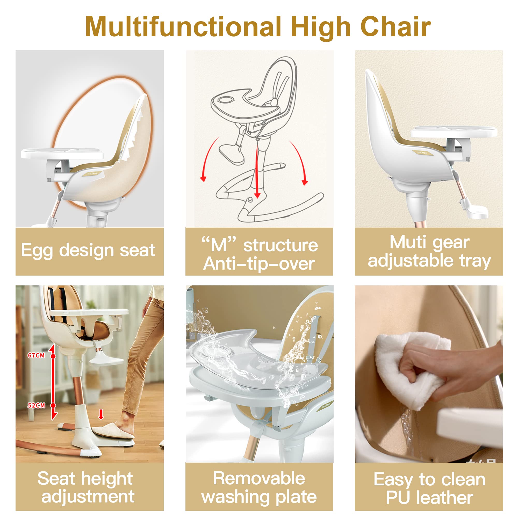 Premium Adjustable Baby High Chair with Double Tray - Ergonomic Lift Height & Seat Angle for Comfortable Feeding - Luxury White Gold Design for Modern Nurseries - Perfect for Mealtime, Playtime & Learning Activities