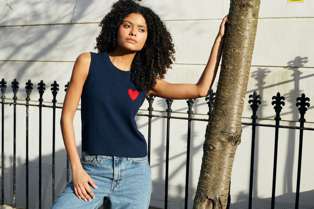 Navy Merino Wool Heart Breton Tank Top for Women - Soft Breathable Summer Layering & Casual Wear