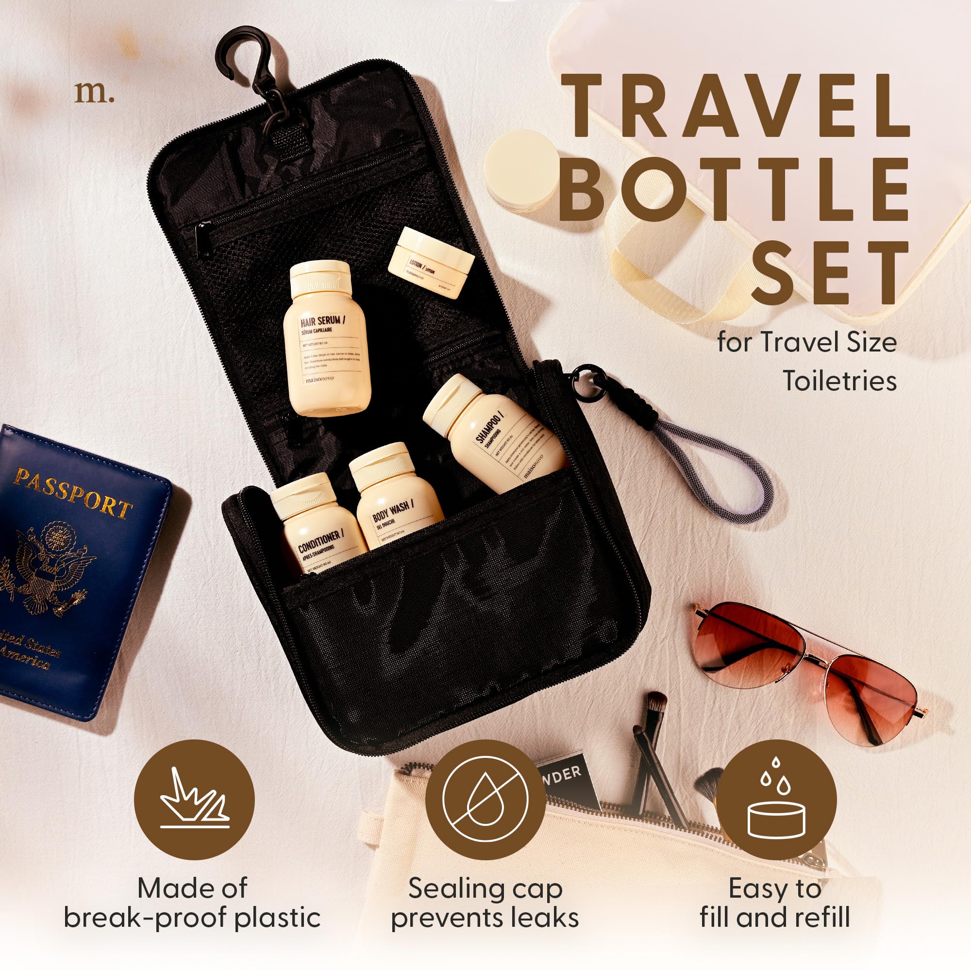 MAISONOVO TSA Approved Travel Bottles for Toiletries - 4-Pack Leak Proof Refillable Containers with Waterproof Toiletry Bag | Perfect for Airplane Carry-On, Gym, Camping & Vacation Essentials