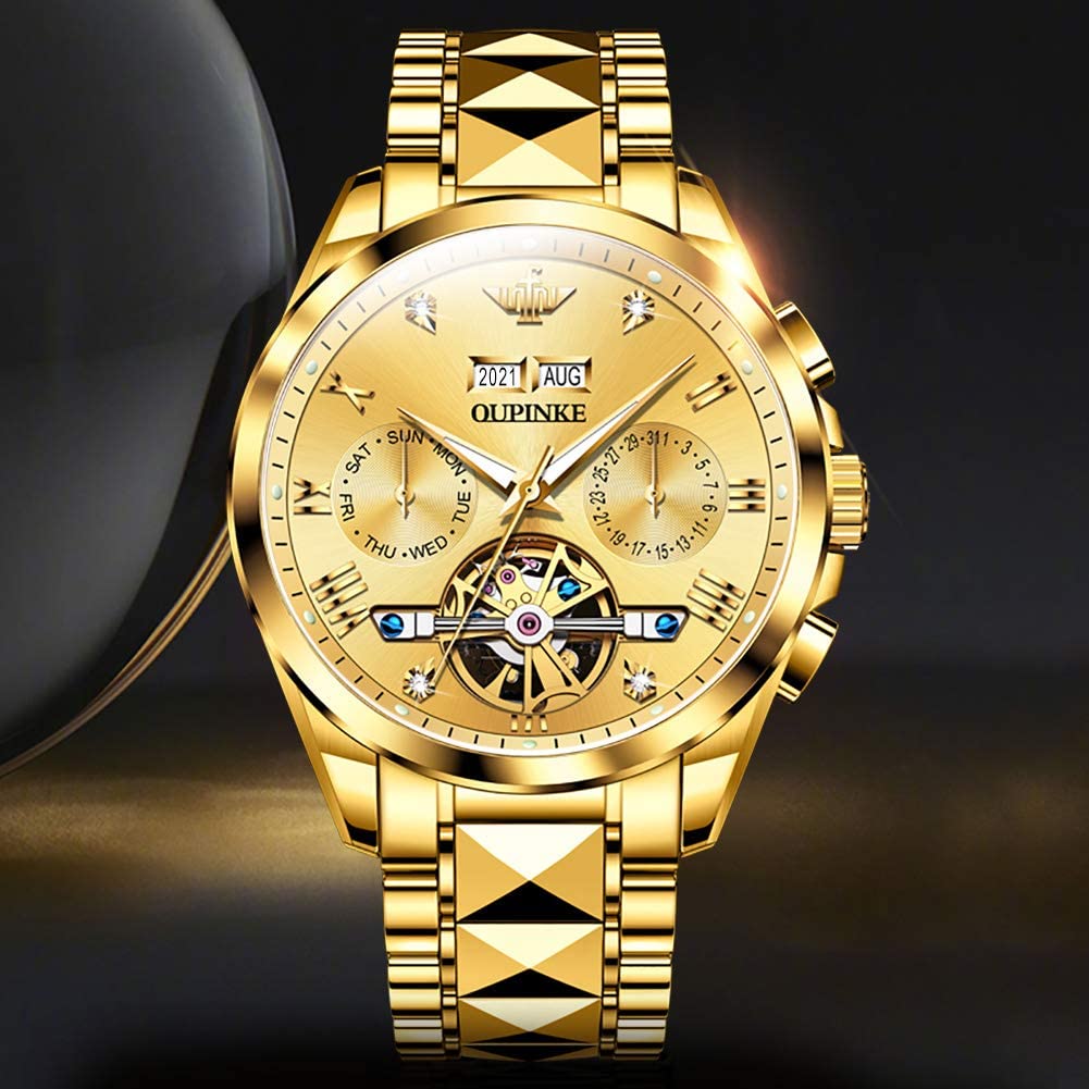 Luxury Men's Automatic Skeleton Watch with Diamond & Sapphire Crystal - Self Winding Mechanical Dress Watch - Tungsten Case - Perfect for Business, Formal Events & Gifts