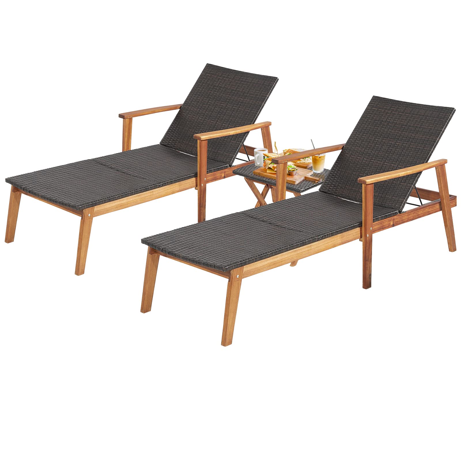 Tangkula 3-Piece Outdoor Patio Furniture Set - Acacia Wood Rattan Chaise Lounge Chairs with Adjustable Backrest & Folding Side Table - Durable Mix Brown Recliner Set for Backyard, Poolside, Garden Relaxation