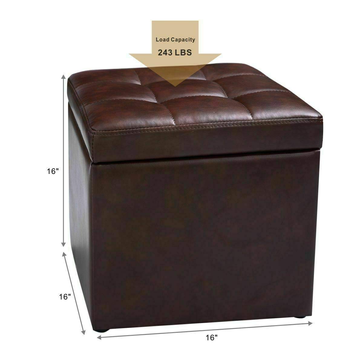 Caraya 16 Inch Brown PU Leather Storage Ottoman Pouffe Footstool - Hinged Lid Cube Box for Living Room, Bedroom & Lounge - Organize Toys, Blankets, Books - Multi-Functional Seat & Storage Solution