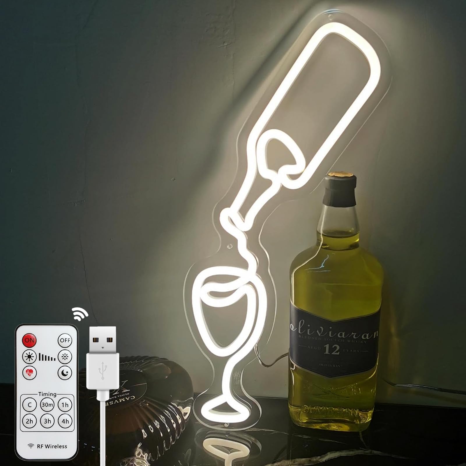 Cheers Bar Neon Sign with Remote - Dimmable LED Wall Decor for Home Bars, Pubs & Man Caves | Wine Bottle Shaped Light for Christmas, Birthday Gifts & Party Decor | Warm White Timed Lighting for Bedroom, Bistro & Club Atmosphere