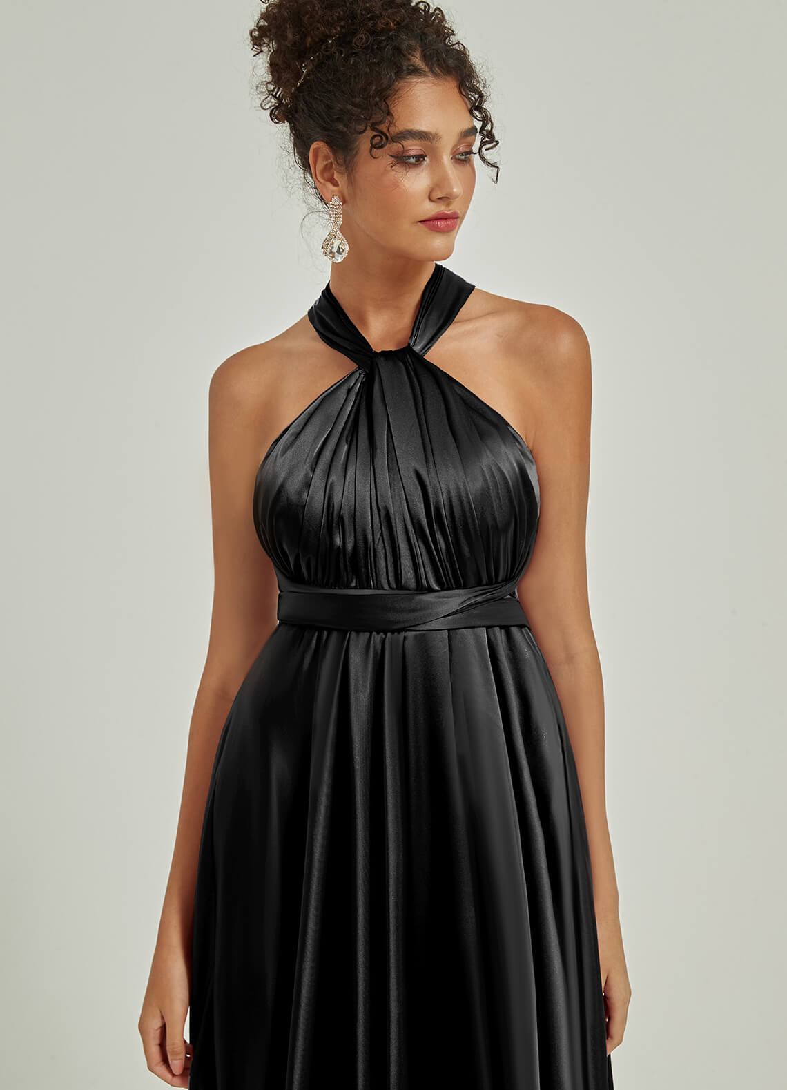 Elegant Black Satin Convertible Bridesmaid Dress - Multi-Way Wrap A-Line Gown for Weddings, Parties & Special Occasions