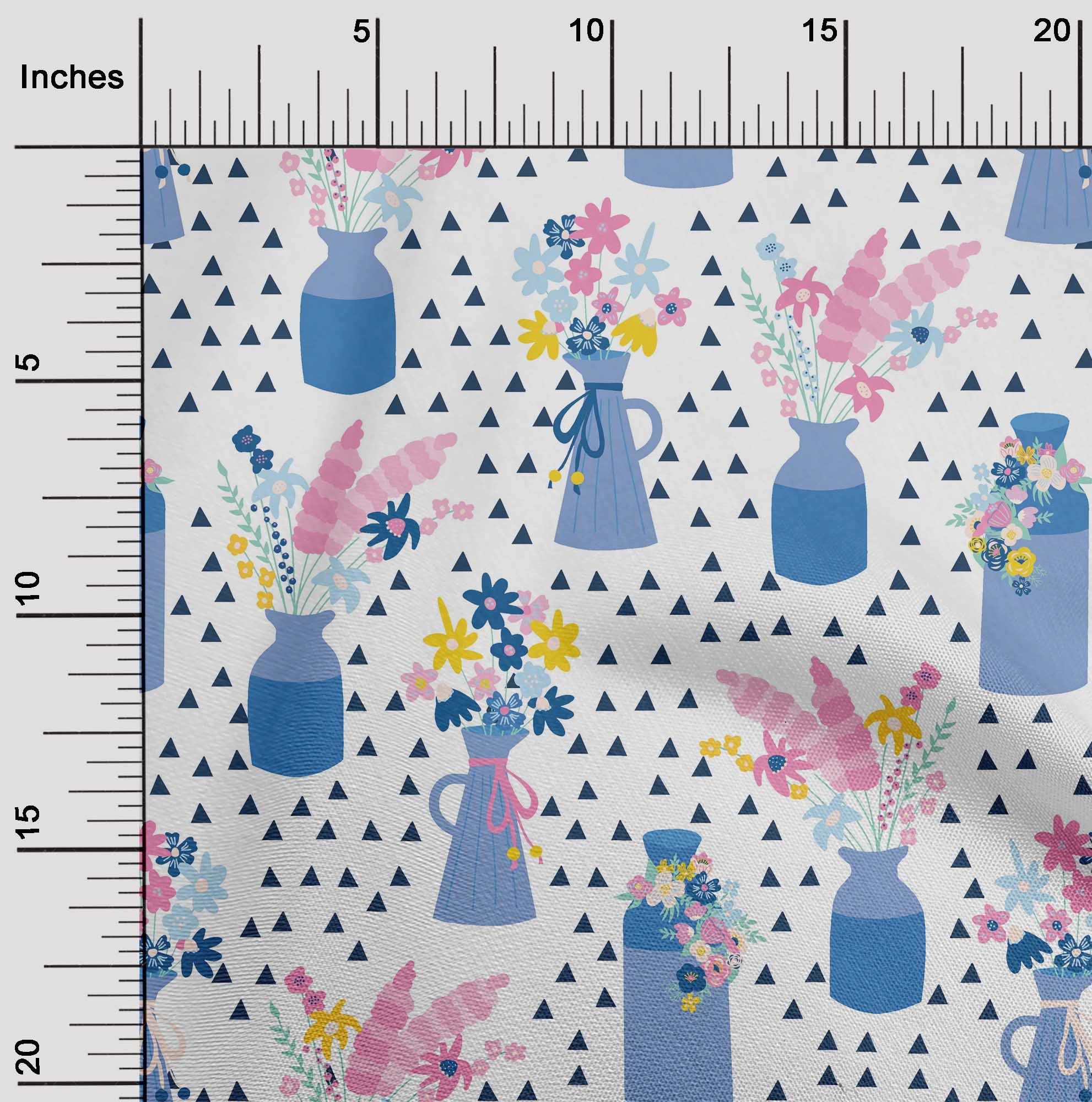 oneOone Silk Tabby Medium Blue Floral Vase Print Fabric - 42 Inch Wide Geometric Design Sewing Material for DIY Crafts, Home Decor & Quilting Projects