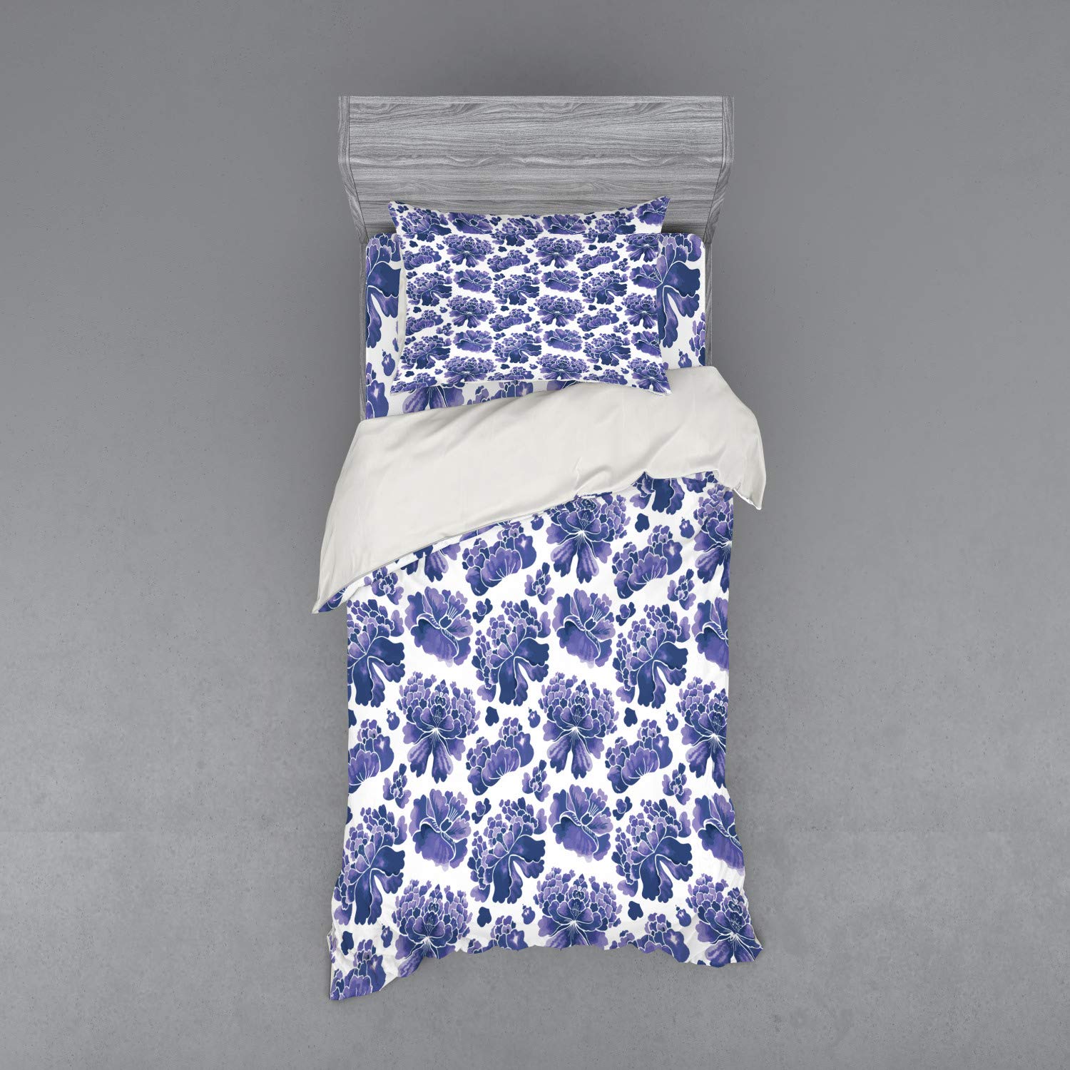 Ambesonne Floral Bedding Set - Watercolor Chinese Flower Print Duvet Cover 3 Piece Set with Pillow Sham & Fitted Sheet, Twin Size, Violet Blue Lavender White - Perfect for Bedroom Decor, Guest Room & Boho Chic Home Styling