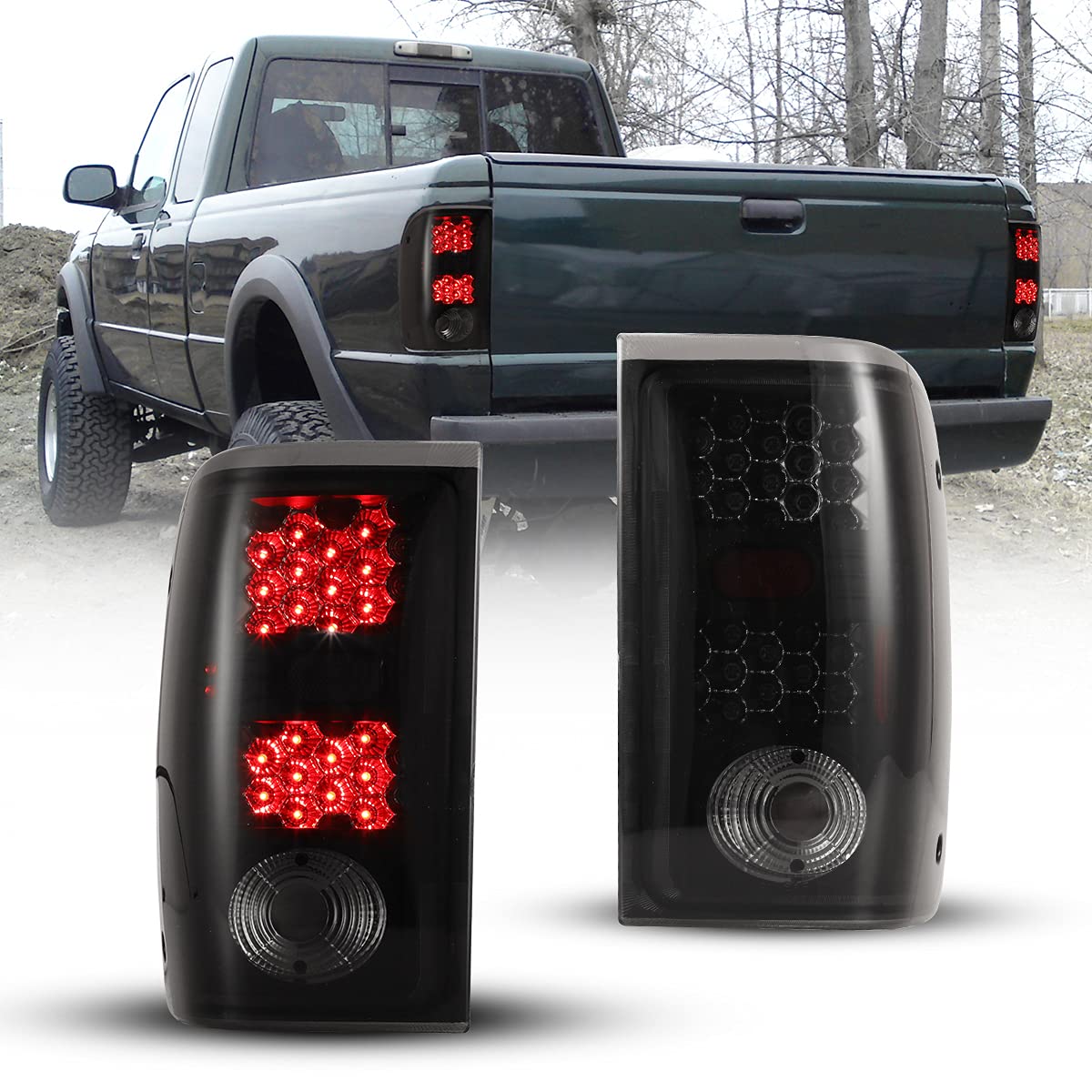 Nixon Offroad LED Tail Lights for Ford Ranger 2001-2005 - Matte Black Housing Smoke Lens Replacement Tail Lamps Assembly - Perfect for Off-Roading & Night Driving