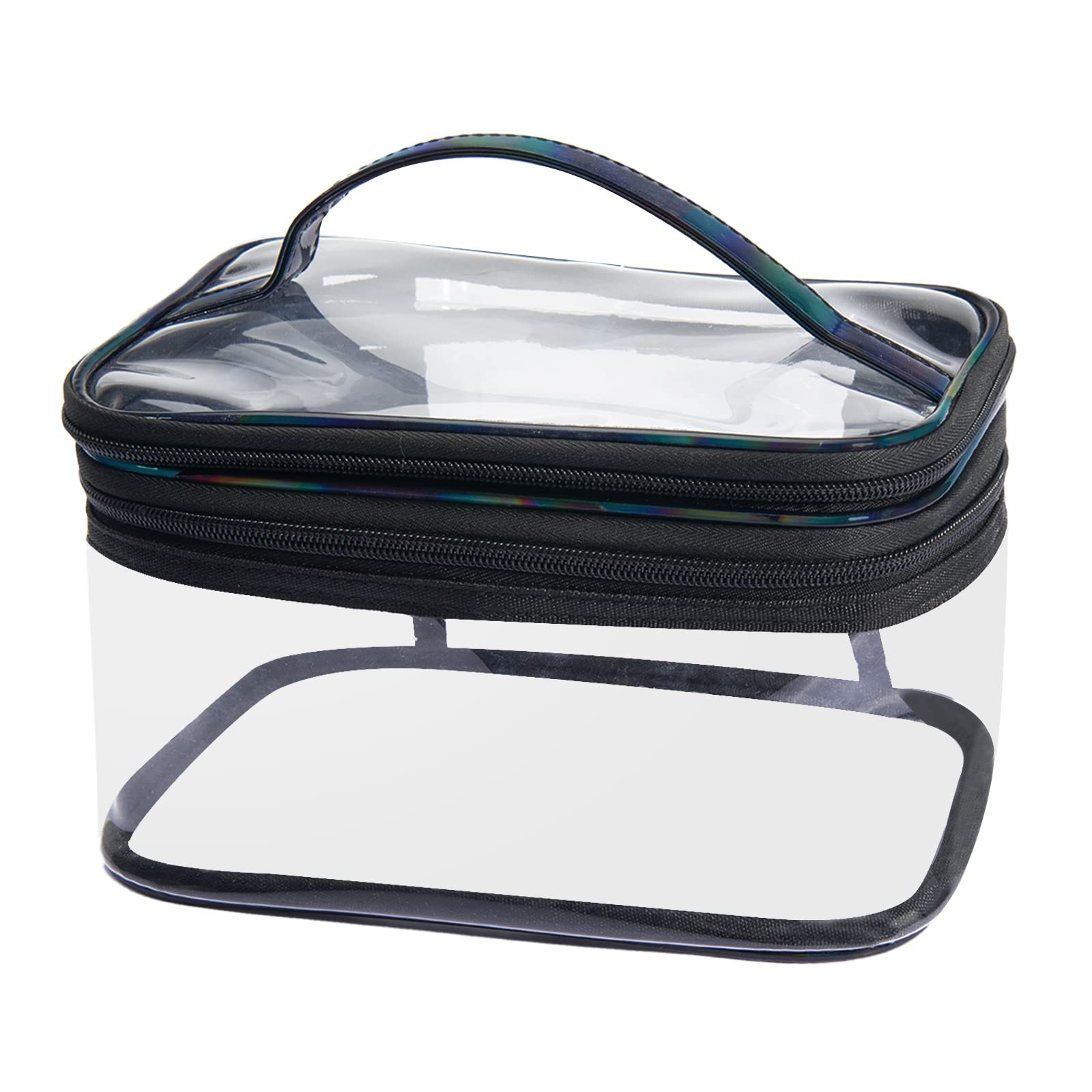 Lermende Large Clear Makeup Bag - 2 Layer Water-Resistant PVC Travel Cosmetic Organizer for Women | Portable Laser Makeup Pouch for Travel, Gym & Daily Use (Black)