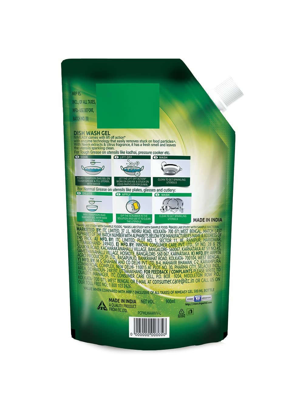 Nimeasy Dishwashing Liquid Gel Refill Value Pack - 900ml Enzyme-Powered Kitchen & Utensil Cleaner with Neem Extracts & Citrus Fragrance | Tough Grease Removal for Pots, Pans & Dishes