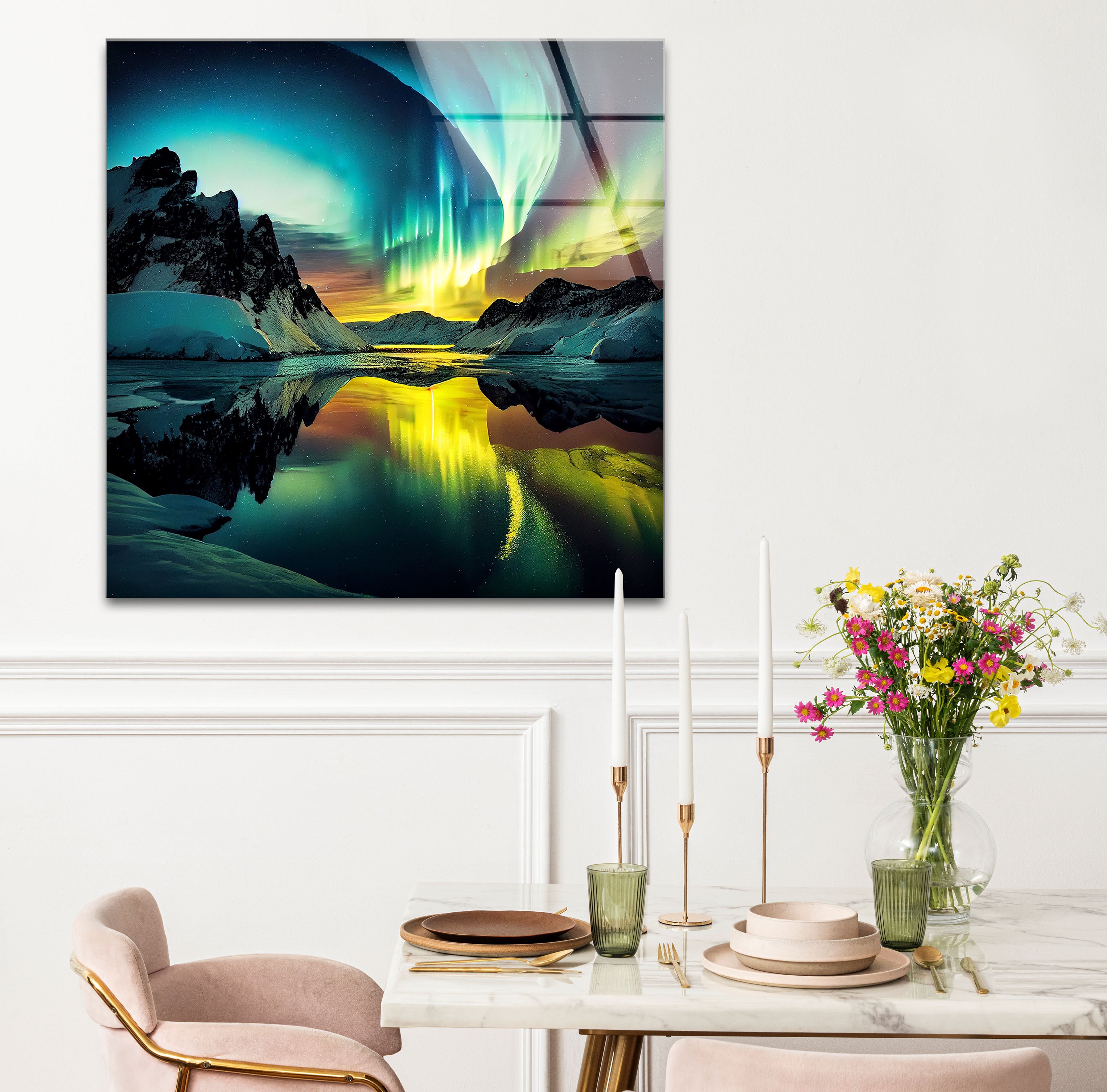 Aurora Borealis Glass Wall Art – Stunning Northern Lights Over Arctic Mountains – Perfect for Living Room, Bedroom & Office Decor
