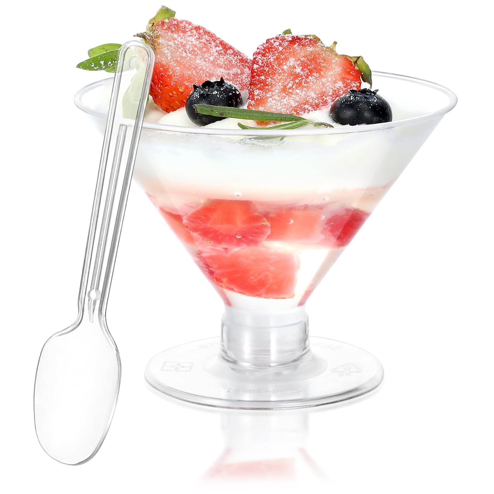 50 Pack 4 oz Clear Plastic Disposable Dessert Cups with Spoons - Martini Glasses for Cocktails, Champagne, Parfait, Ice Cream, Pudding & Trifle | Perfect for Parties, Weddings, Catering & Dessert Bars
