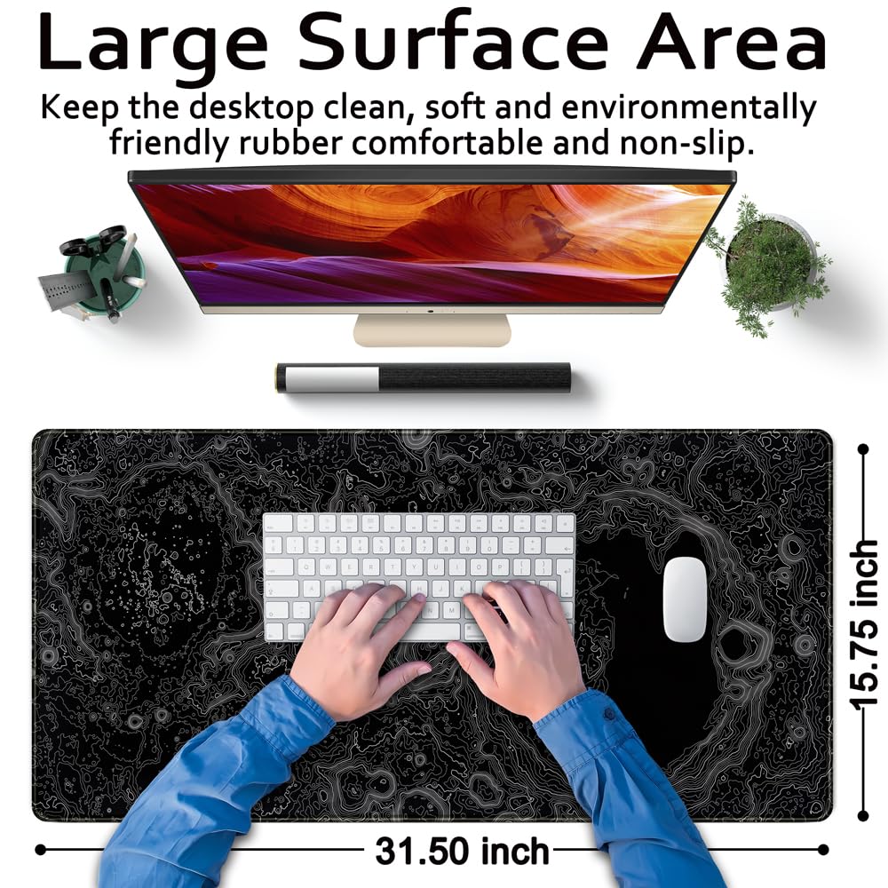 3D Black Topographic Gaming Mouse Pad - 31.5x15.7in Non-Slip Desk Mat for PC Gaming & Office Work
