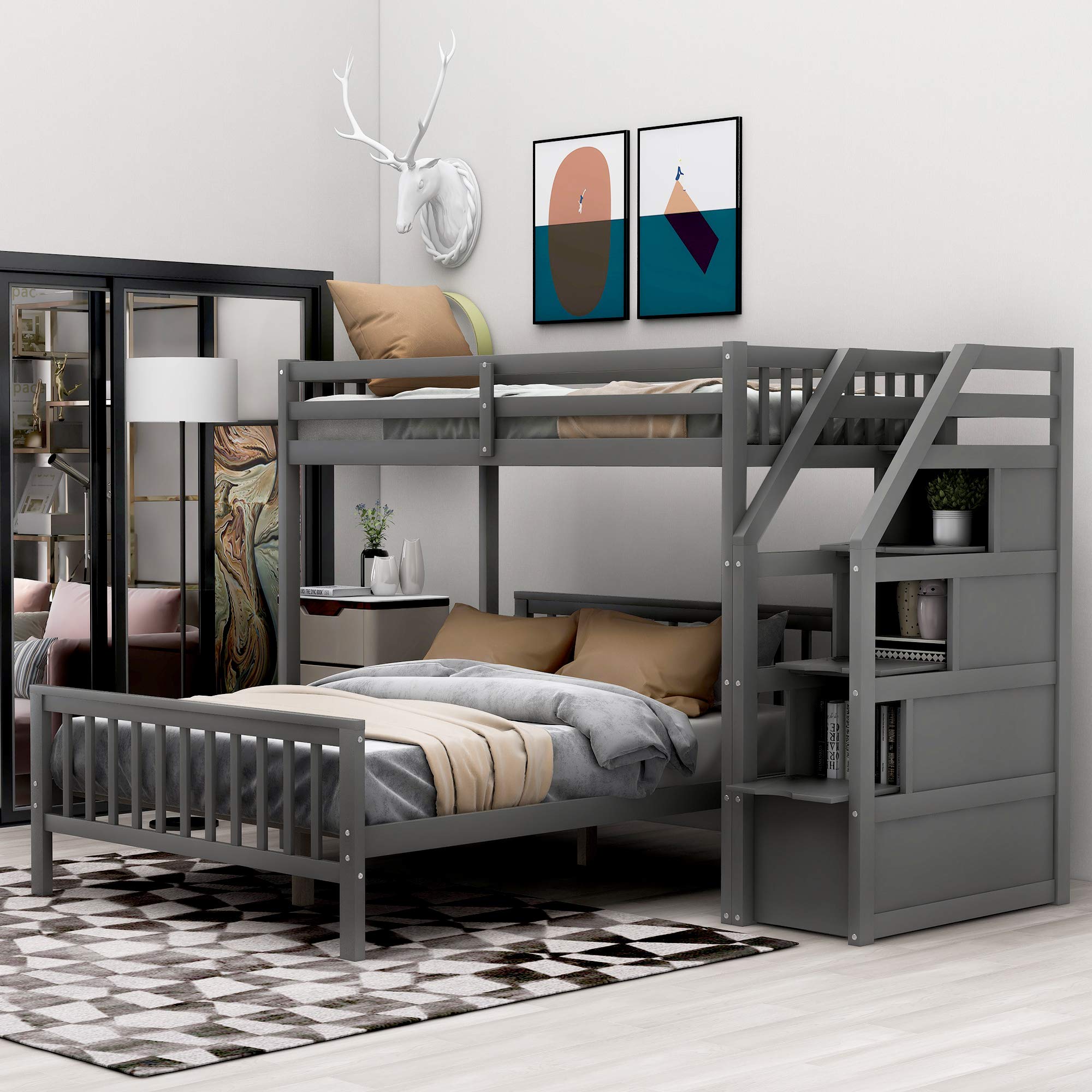 Knocbel Twin Over Full Loft Bed with Ladder - Solid Wood Platform Bed Frame with Slats Support, Guard Rails & 3 Storage Compartments - 450 lbs Weight Capacity (Espresso Finish) - Perfect for Kids Rooms, Small Apartments & Dorm Rooms