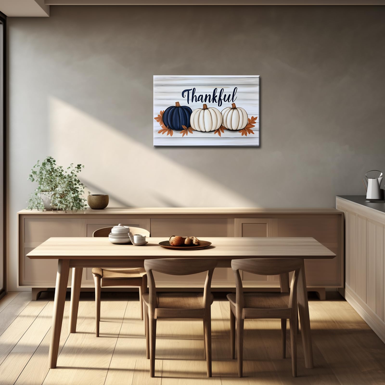 GLOKAKA Rustic Farmhouse Pumpkin Canvas Wall Art - Fall Thanksgiving Decor with White Wooden Background & Three Pumpkins - Ready to Hang Harvest Themed Wall Hanging for Living Room, Dining Room, or Porch