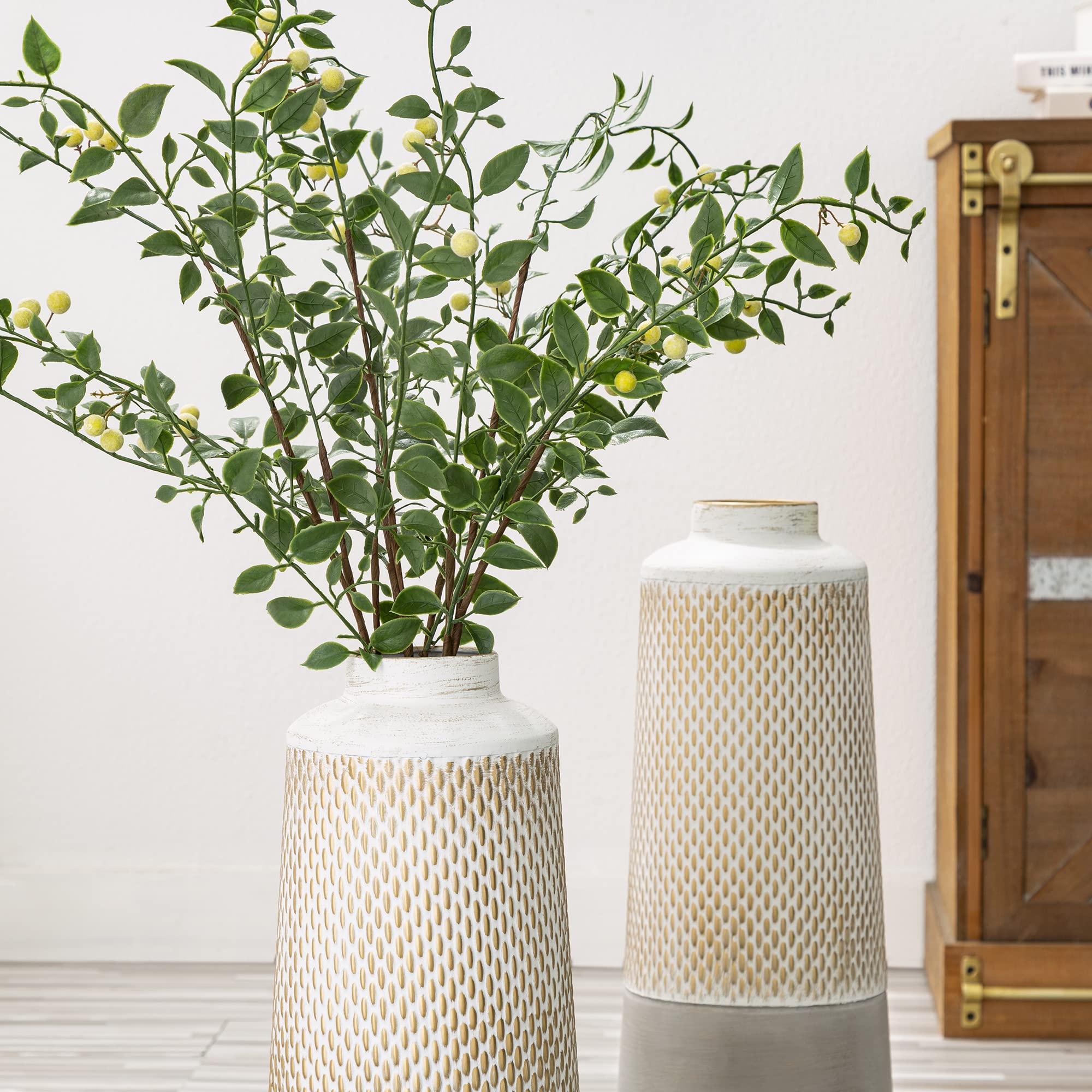 Modern Farmhouse Floor Vase Set of 2 - Large Textured Metal Vases in Grey/Gold/White for Centerpiece Decor | Rustic Home Decor for Living Room, Entryway, Dining Table & Wedding Arrangements