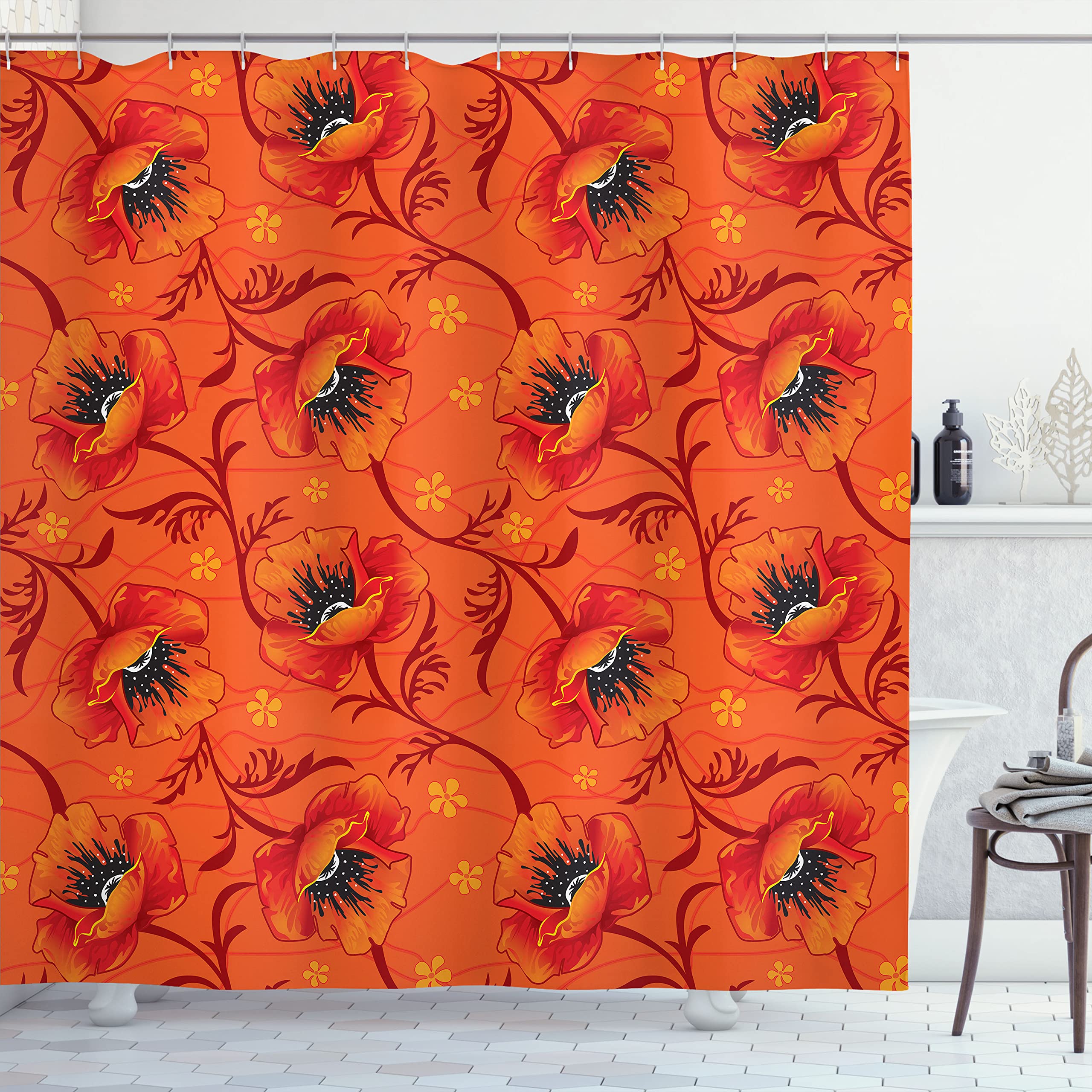 Ambesonne Orange Shower Curtain - Bohemian Poppy Flower Design, 69x70 Inch Waterproof Fabric Bathroom Decor with Hooks (Burnt Orange/Yellow) for Vintage & Romantic Bathroom Aesthetic