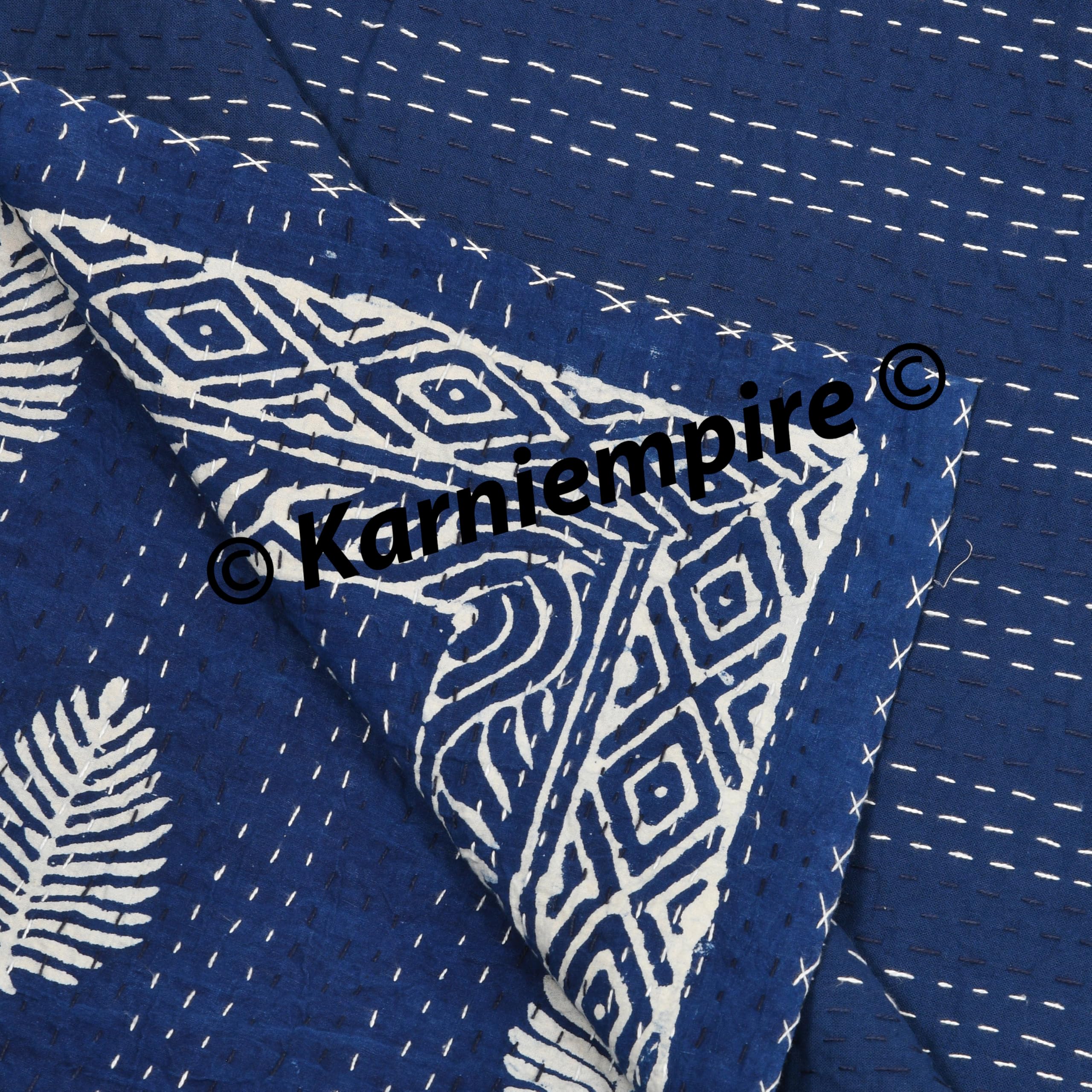 Handmade Indian Kantha Quilt - Reversible Bohemian Bedspread, Throw Blanket & Comforter in Leaf-Indigo Print (Twin/Queen/King/Super King 108