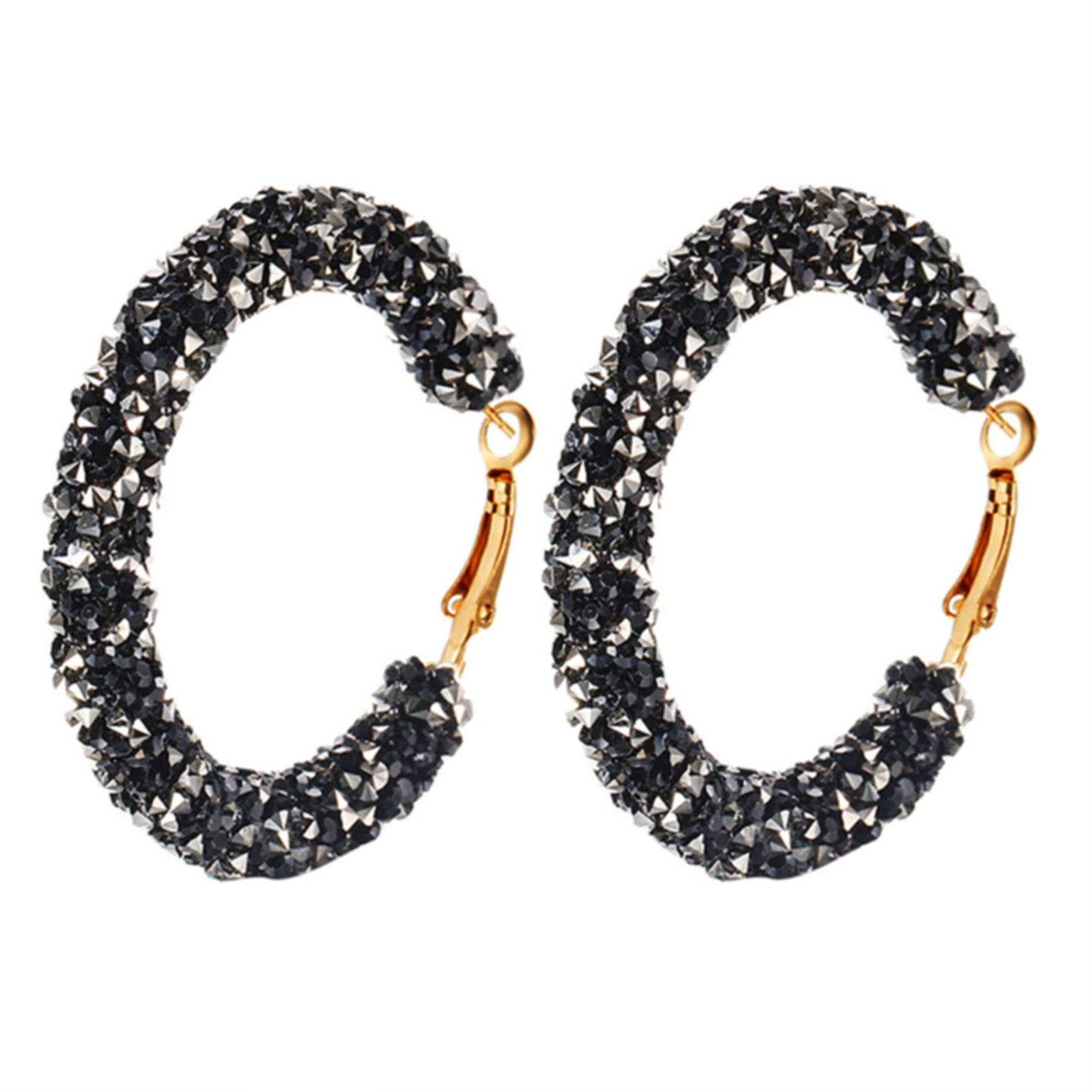 Essencedelight Glitter Hoop Earrings | Bohemian Faux Rhinestone Round Dangle Earrings for Women & Girls | Black Sparkle Jewelry | Perfect for Parties, Weddings & Everyday Wear