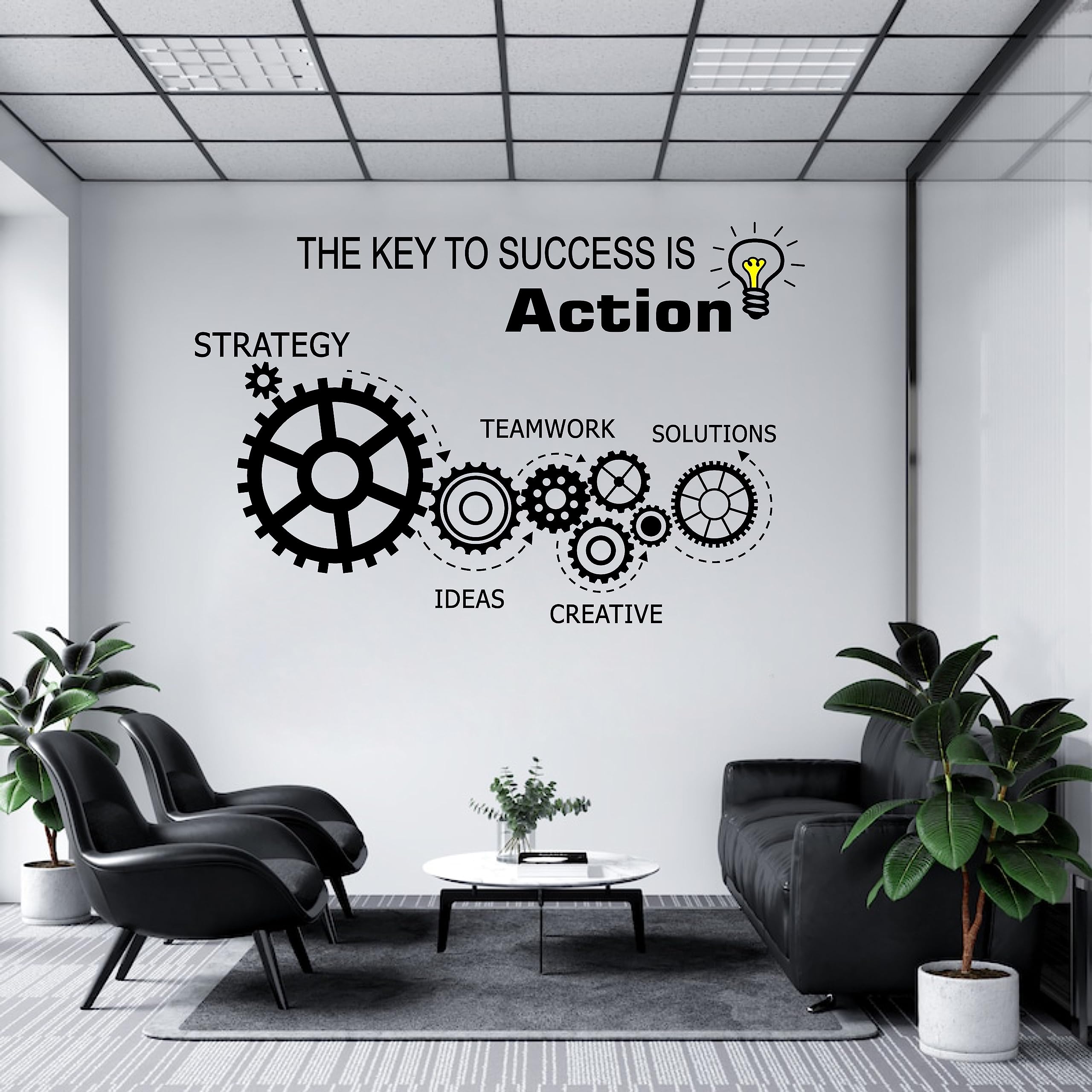 Teamwork Gears Vinyl Wall Decal - Inspirational Office Wall Art Sticker with 'The Key to Success is Action' Quote - Black Motivational Mural for Home & Office Decor - Perfect for Workspace, Study Room, and Business Interior Design