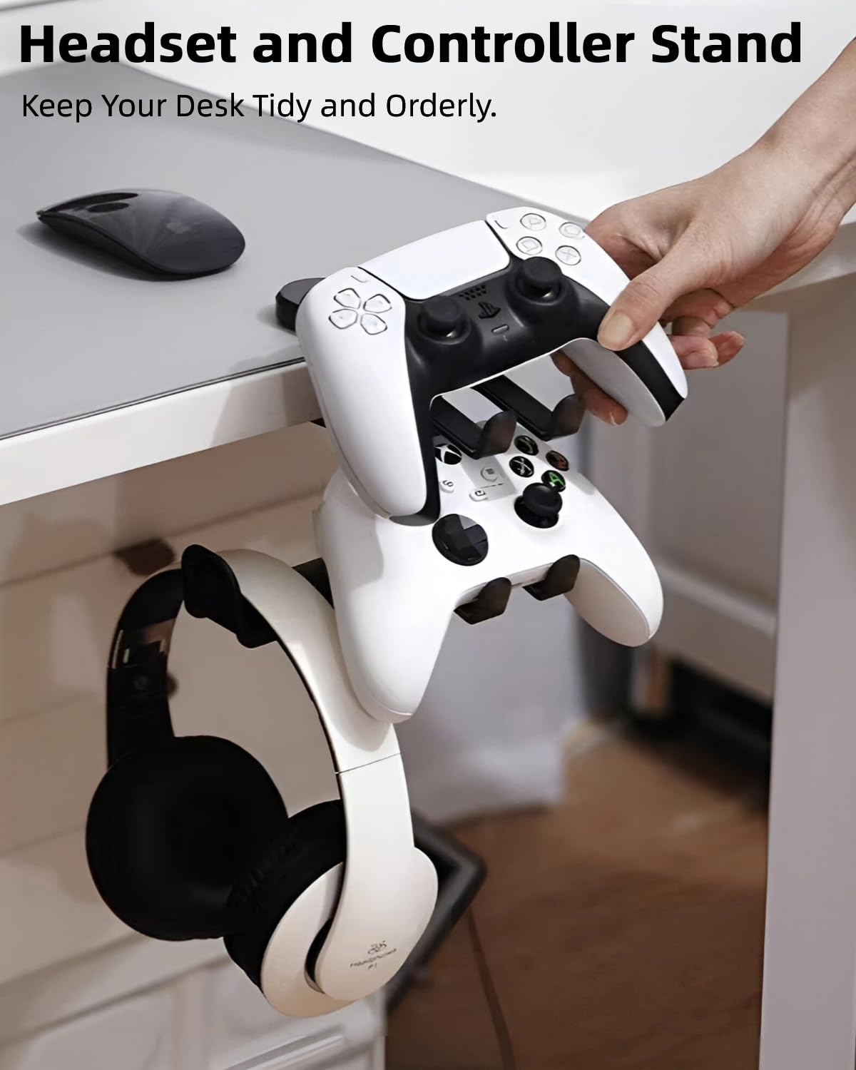 3-in-1 Adjustable Headphone Stand with Controller Holder - Under Desk Mount for Gaming Setup (Black)