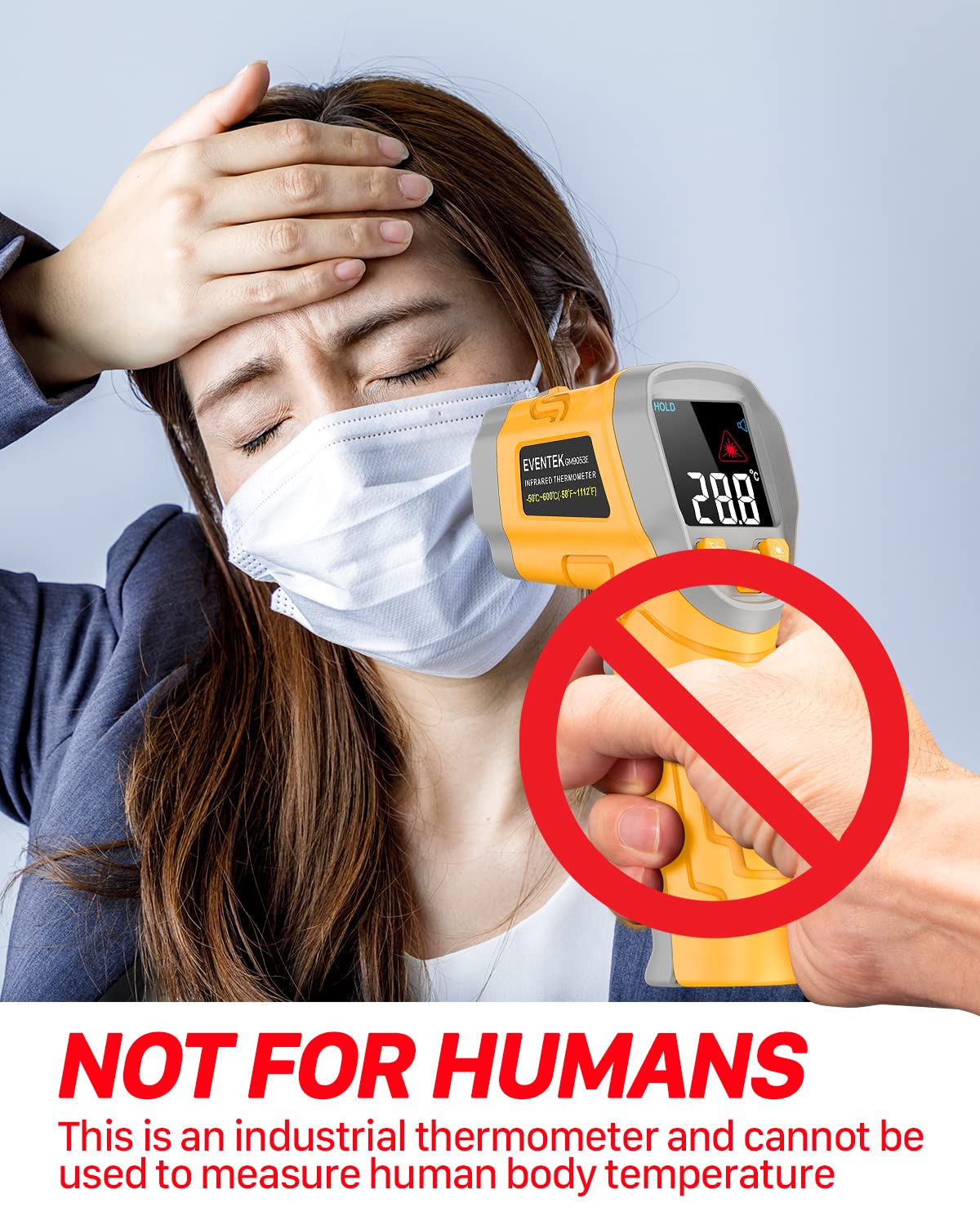 Eventek Digital Infrared Thermometer - Non-Contact Laser Temperature Gun with Color Display (-58°F to 1112°F / -50°C to 600°C), Adjustable Emissivity for Cooking, BBQ, Pizza Oven, Engine, HVAC, Industrial Use - Perfect for Kitchen, Automotive, and Home Maintenance