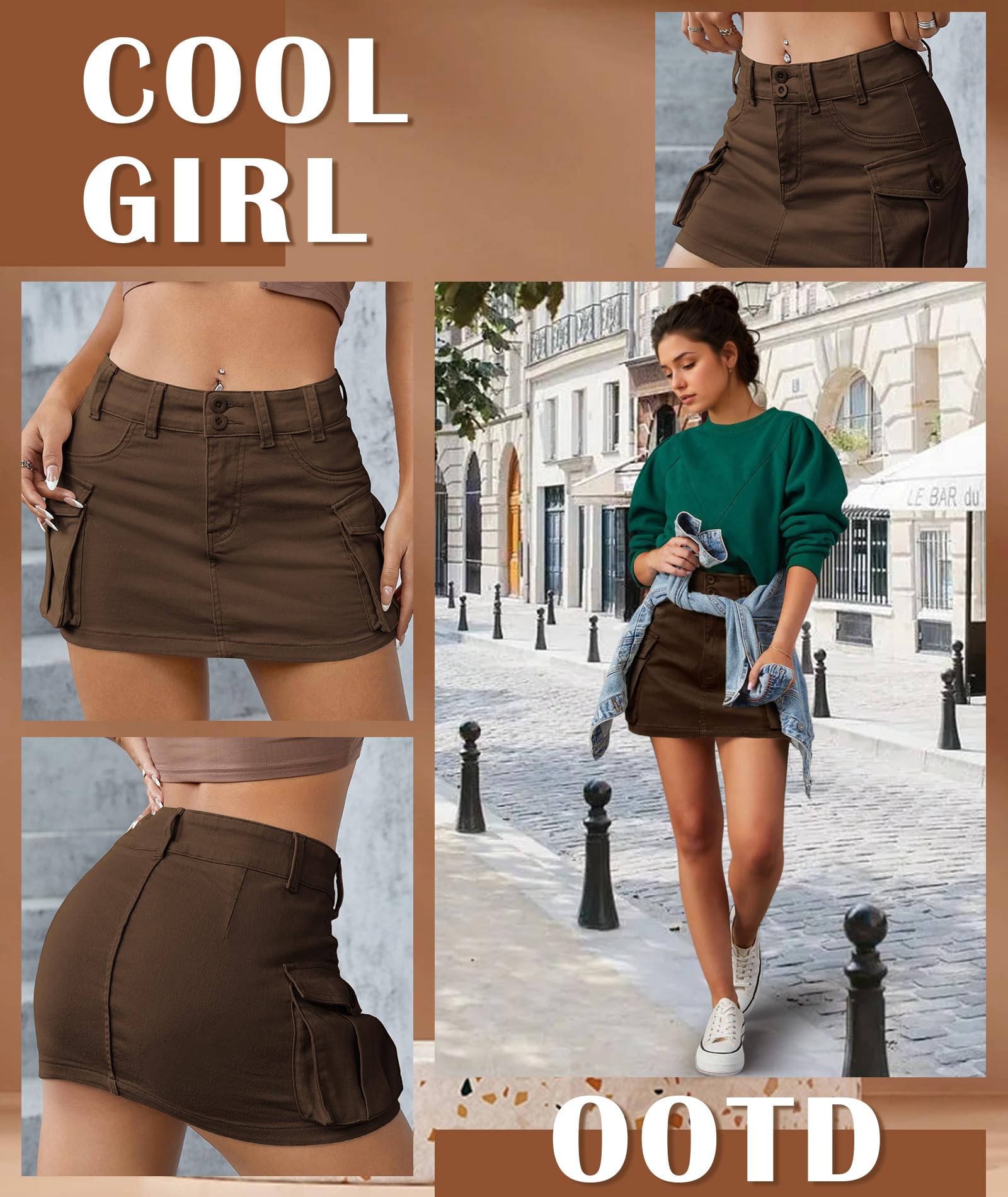 EARKOHA Women's Mini Cargo Skirt - Y2K Low Waist Button Denim Short Skirt with Flap Pockets | Bodycon Fit for Casual Outfits, Streetwear & 90s Retro Fashion