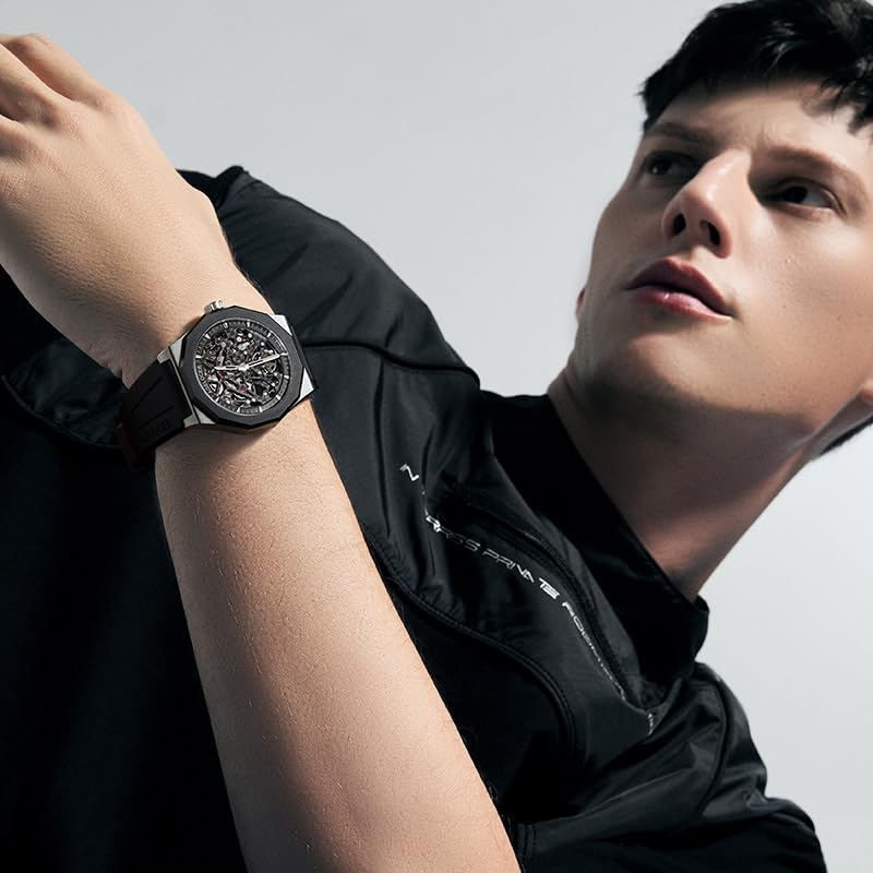 AGELOCER Men's Automatic Skeleton Watch - Mechanical Movement with Rubber Strap & Transparent Dial - Perfect for Business, Formal Events & Luxury Gift Giving