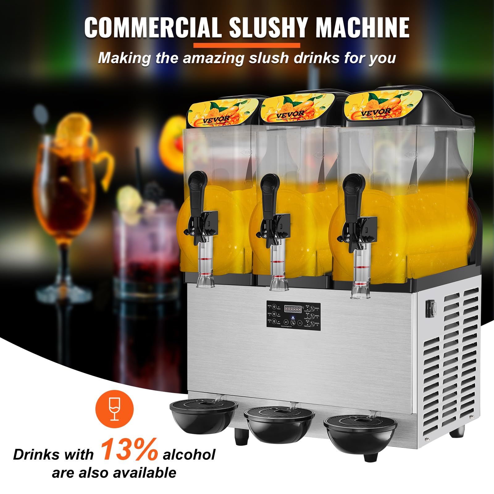 VEVOR Commercial Slushy Machine 36L/9.6Gal - Stainless Steel Triple Bowl Slushie Maker for Margarita, Smoothie & Frozen Drinks - 860W High Power Slush Machine for Home, Party, Restaurant, Cafe & Bar Use - Perfect for Summer Events, Business & Entertaining Guests