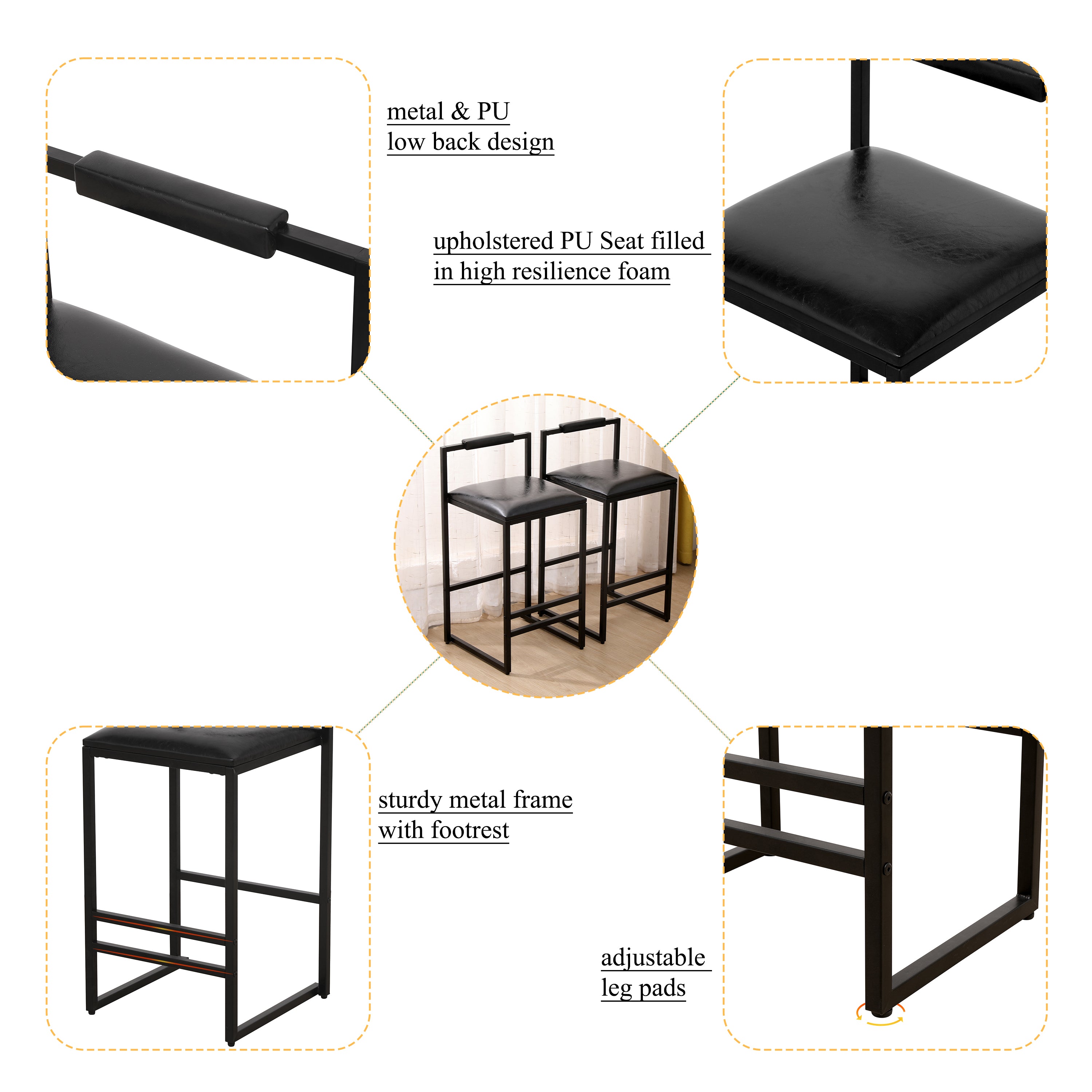 Set of 2 Black PU Leather Bar Stools with Backrest & Footrest - Counter Height Kitchen Island Stools for Home Bar, Breakfast Nook & Dining Room Decor