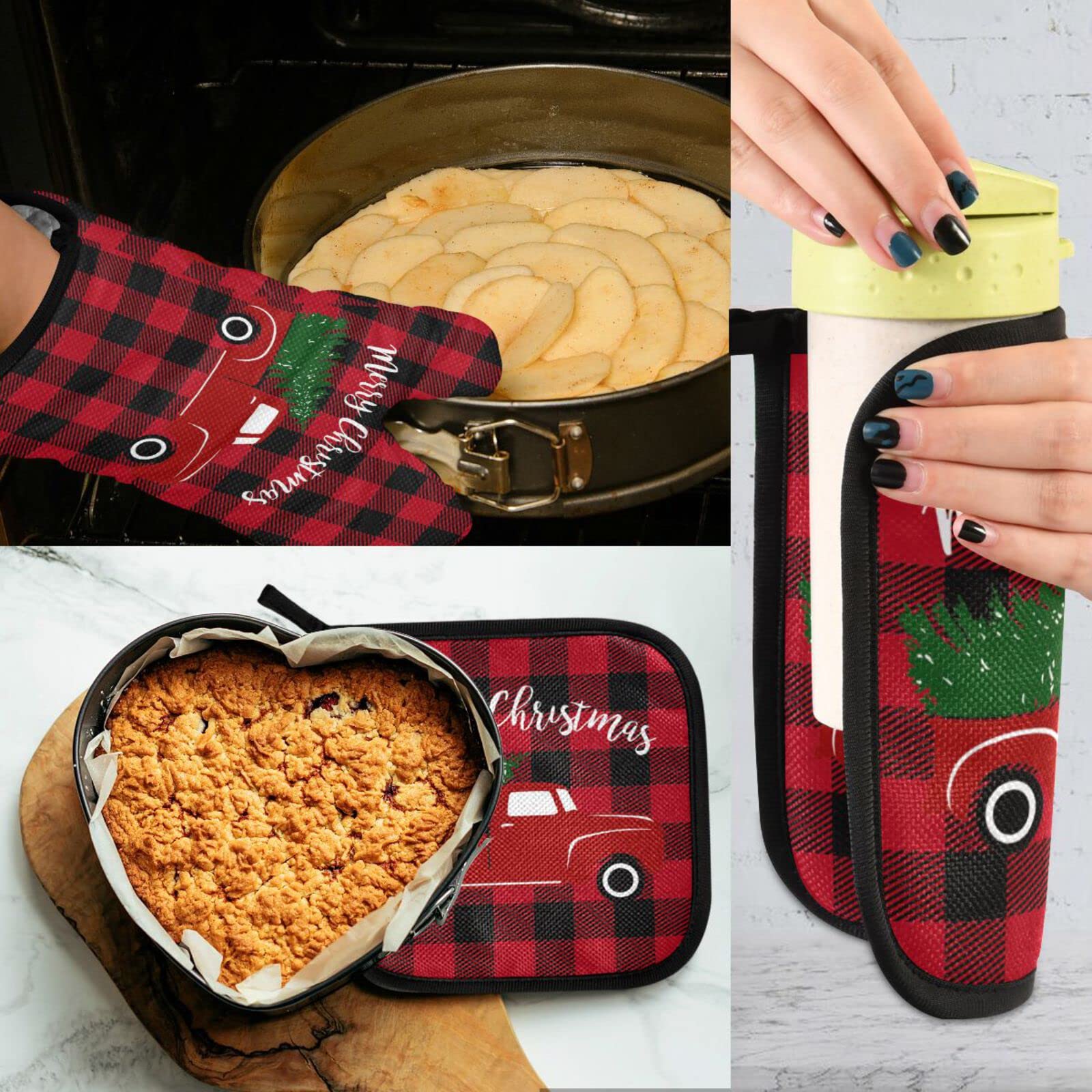 Festive Red Truck Buffalo Plaid Oven Mitts & Pot Holders Set - Heat Resistant, Non-Slip Christmas Kitchen Accessories for Cooking, Baking, BBQ - Perfect Holiday Gift & Cozy Winter Home Decor