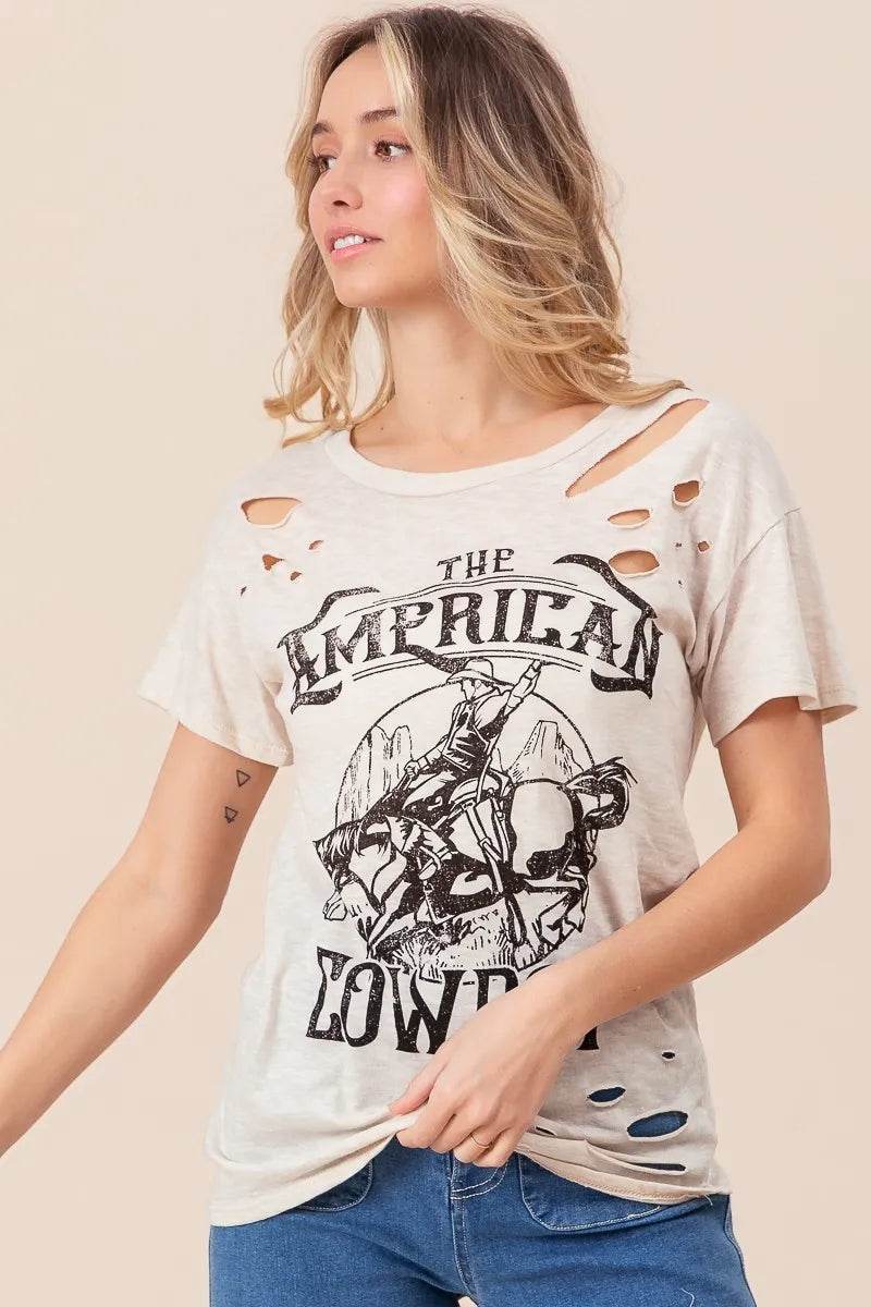 BiBi Cotton Slub Laser Top - Vintage American Cowboy Graphic Tee for Men & Women | Casual Streetwear, Western Style Fashion, Music Festival Outfit